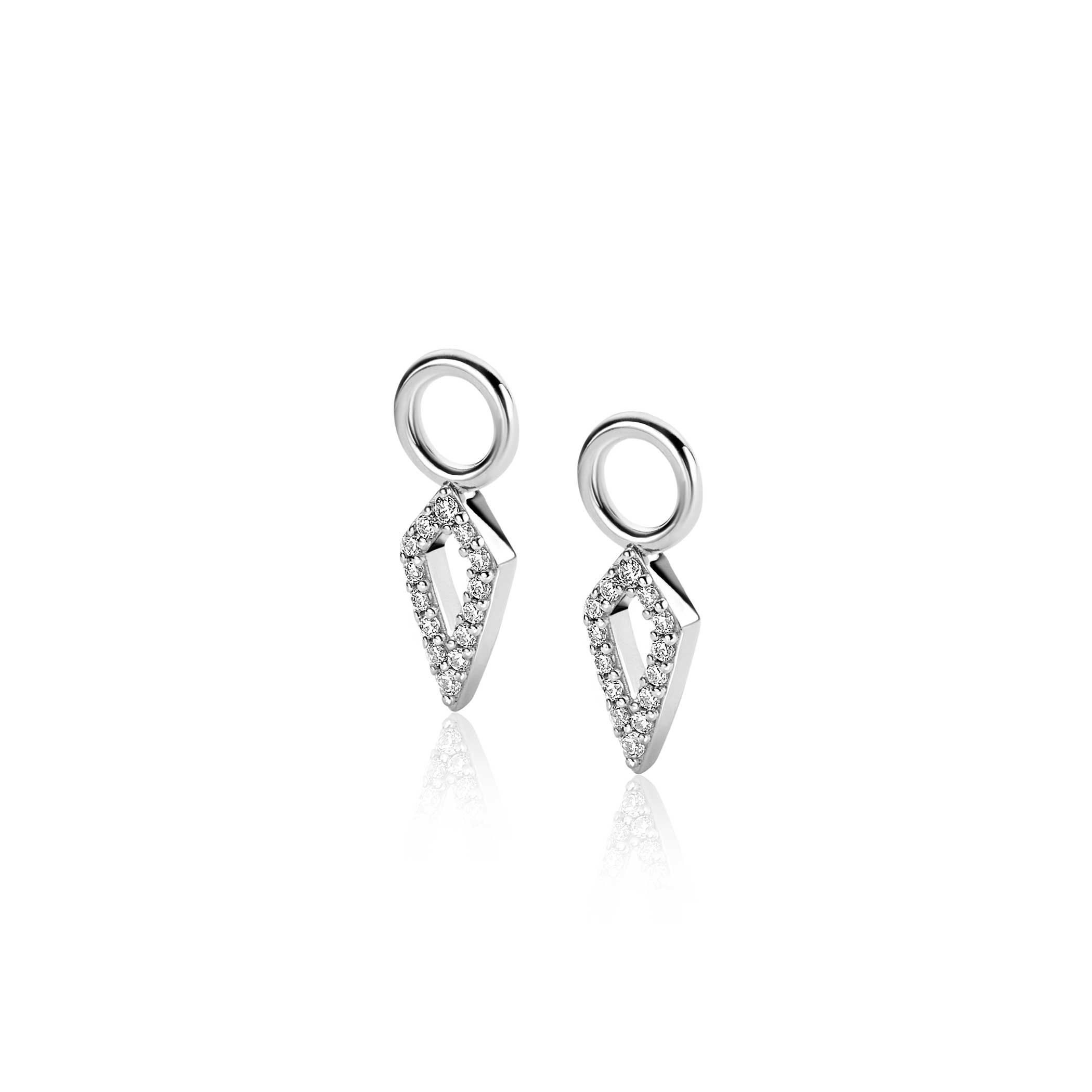 ZINZI zilveren oorbedels in vliegervorm bezet met witte zirconia's 15mm ZICH2497 (zonder oorringen)