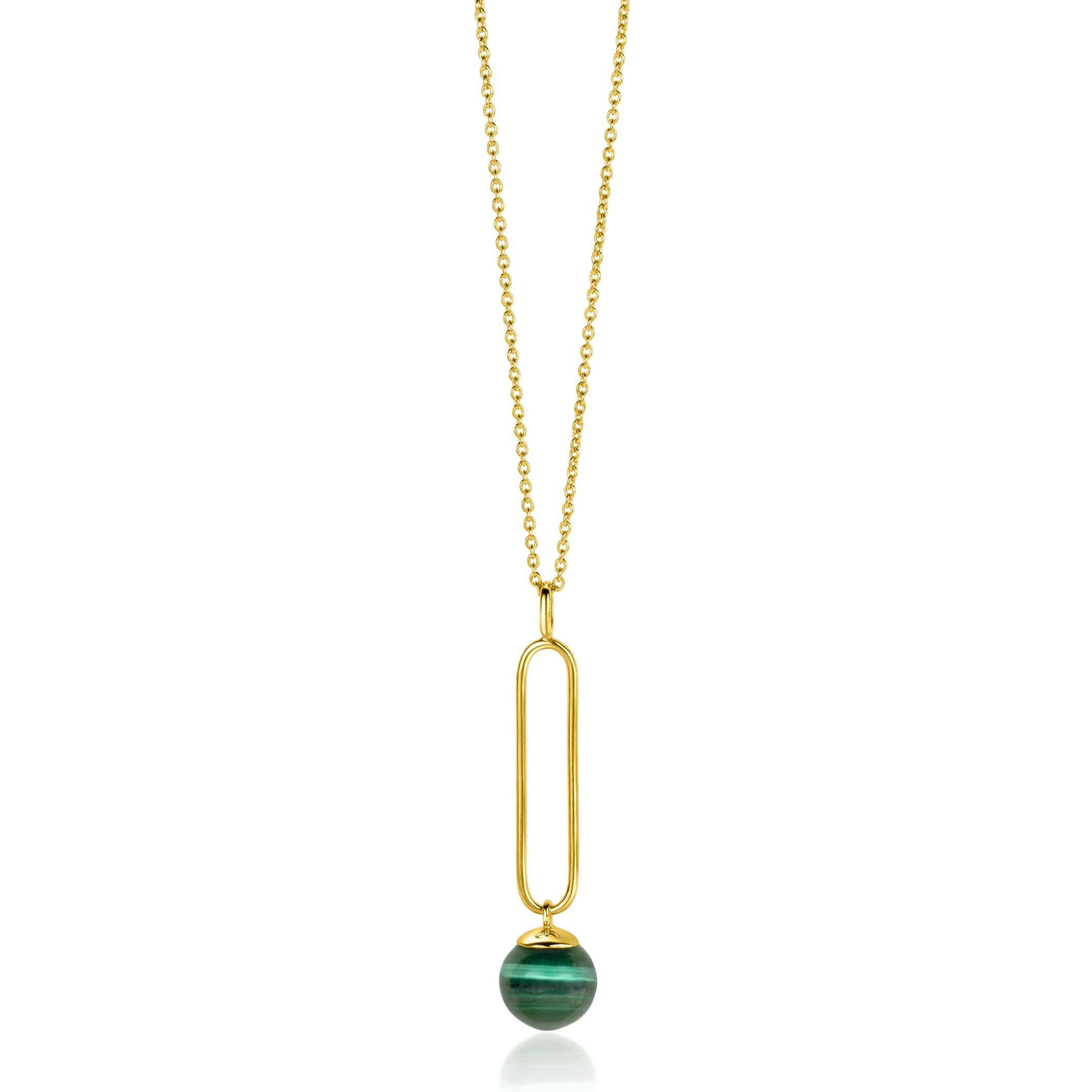 ZINZI gold plated zilveren ketting met lange ovale hanger en bungelende groene cateye in bolvorm 40-45cm ZIC2420