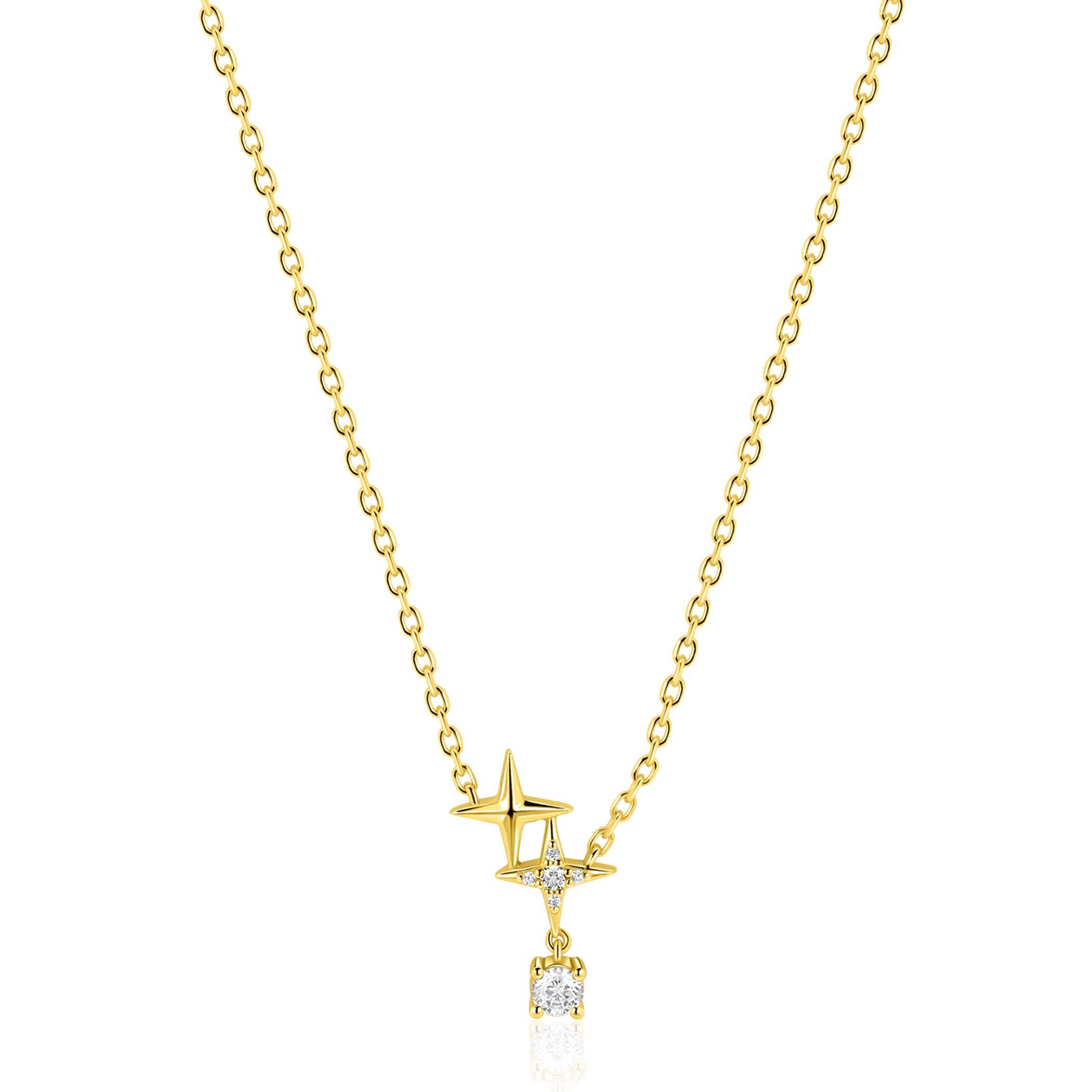 ZINZI goldplated zilveren ketting 45cm 'sterrendans' met twee speelse sterren en bungelende witte zirkonia ZIC2837