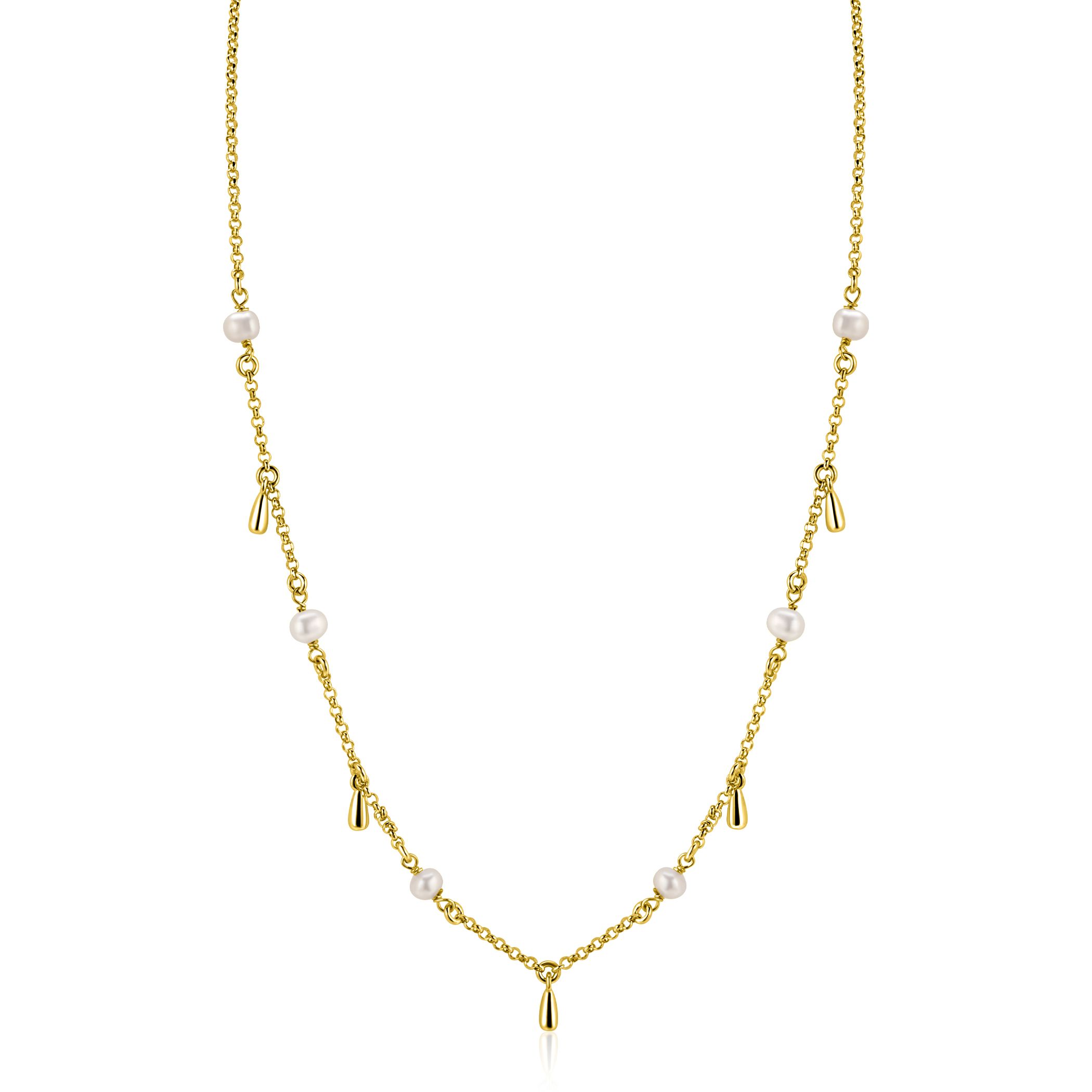 ZINZI gold plated zilveren ketting met witte zoetwaterparels en druppeltjes 42-45cm ZIC2753