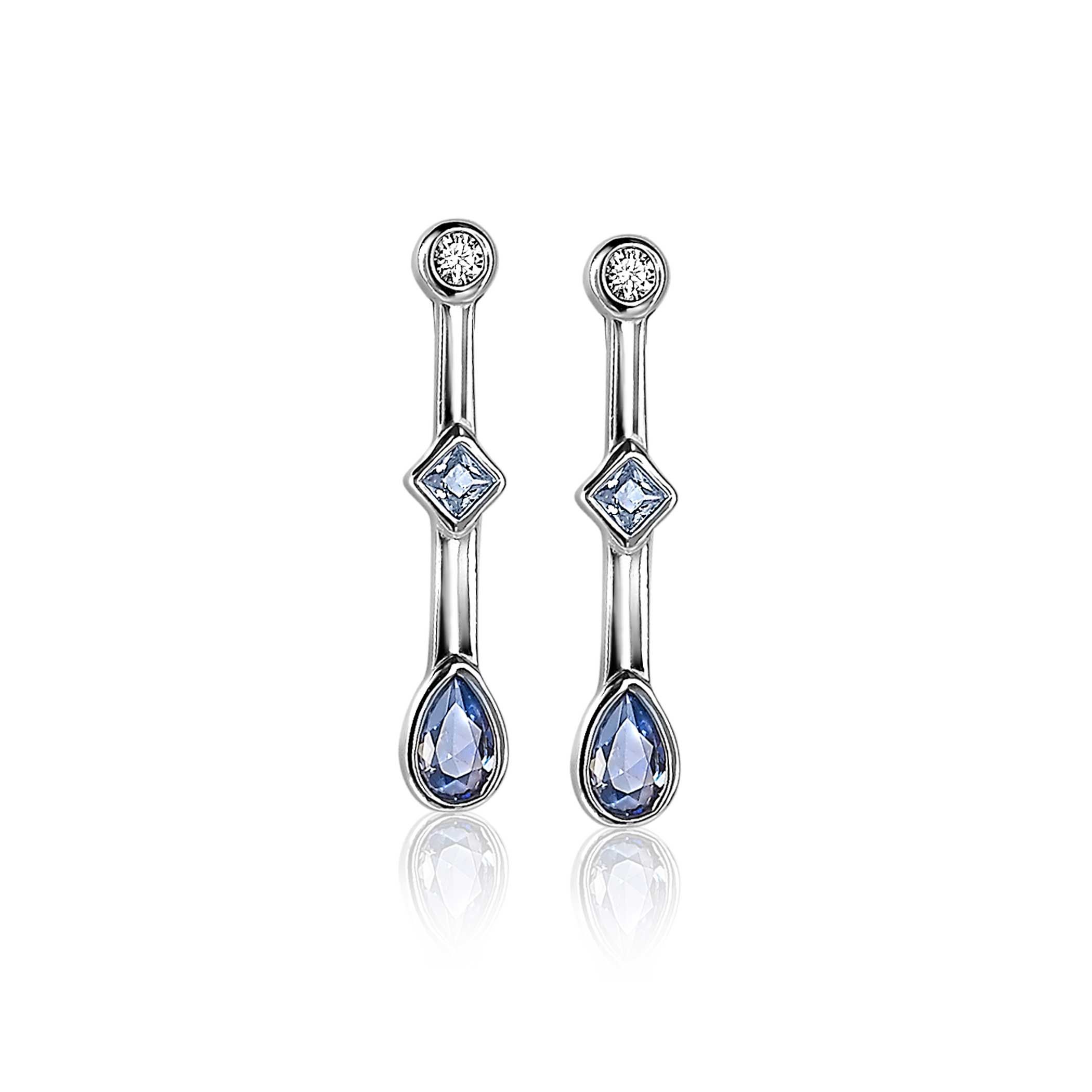 ZINZI zilveren oorsieraden staafje 22mm met rond driehoek druppel blauw ZIO2091