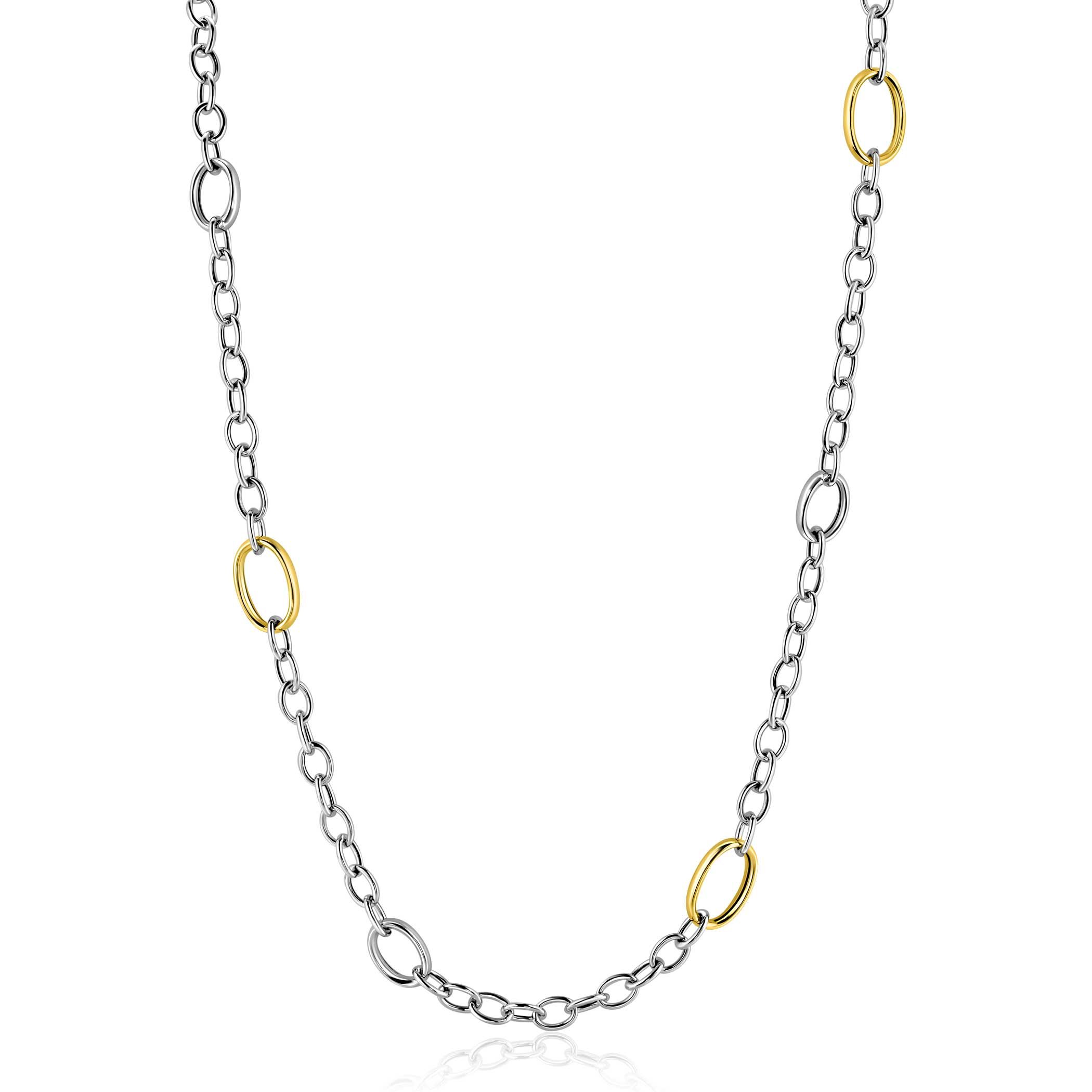 ZINZI bicolor zilveren schakelketting 70cm met drie ovale goldplated schakels ZIC2785