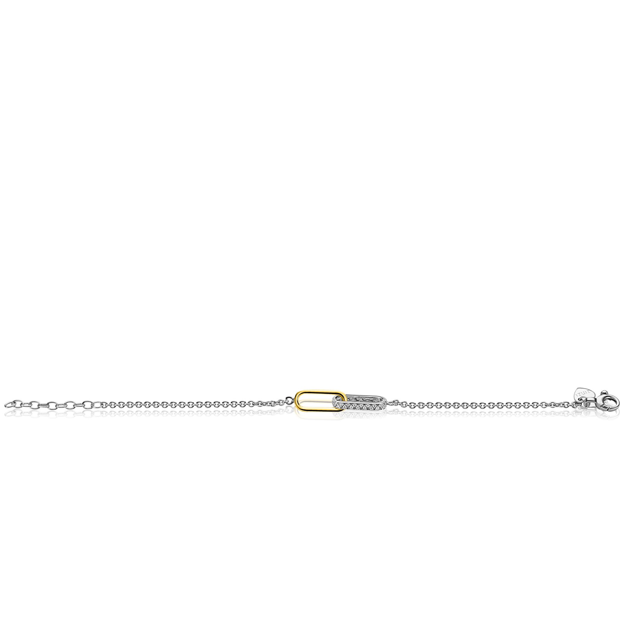 ZINZI zilveren schakelarmband met twee verbonden ovale schakels: ene gold plated, ander bezet met witte zirkonia's ZIA2758