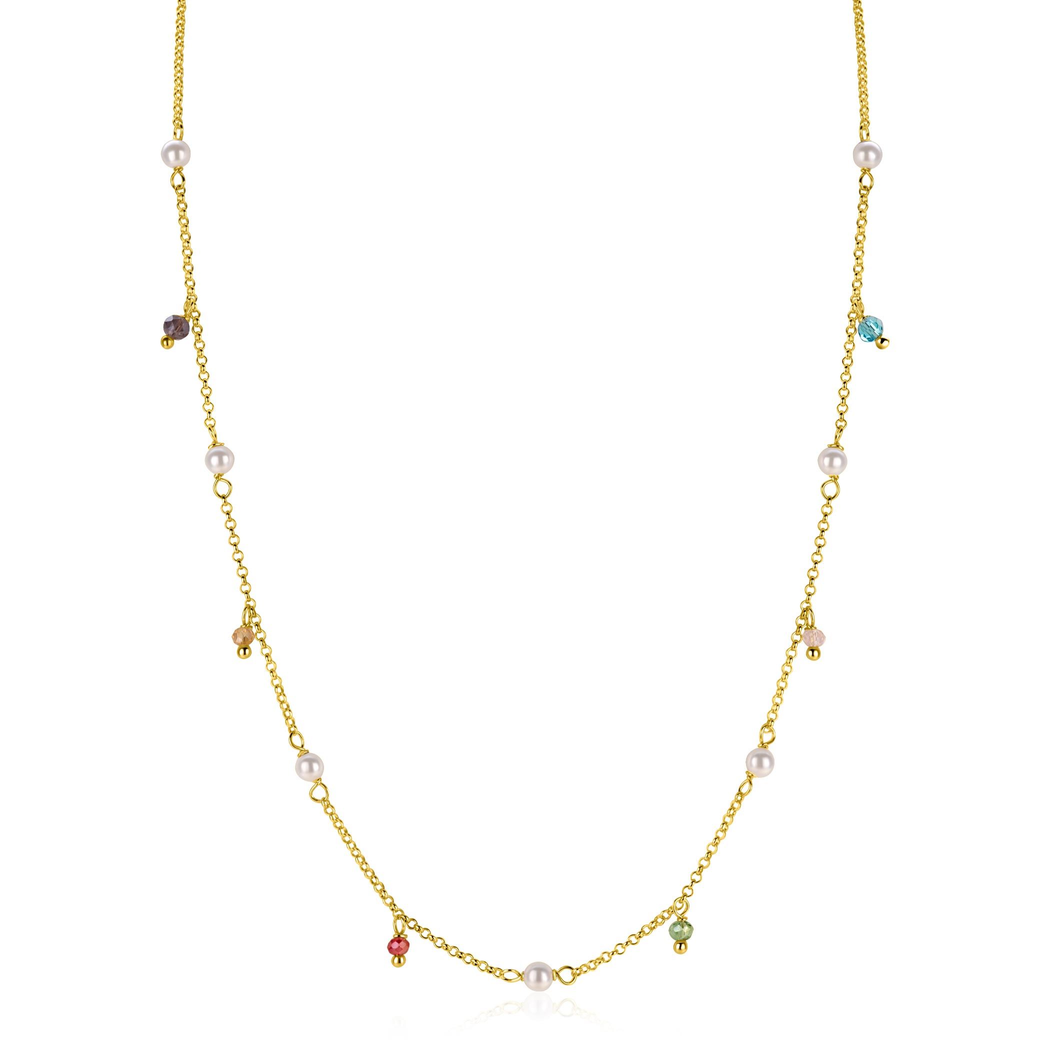 ZINZI gold plated zilveren ketting met witte parels en bungelende beads (5,5 mm) in frisse kleuren 42-45cm ZIC2705G