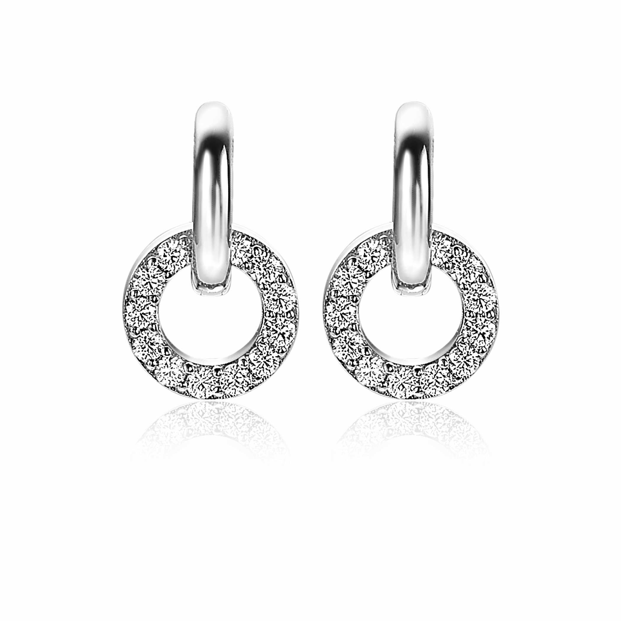 ZINZI zilveren oorbedels 10mm cirkel witte zirconia's ZICH2155. (zonder oorringen).