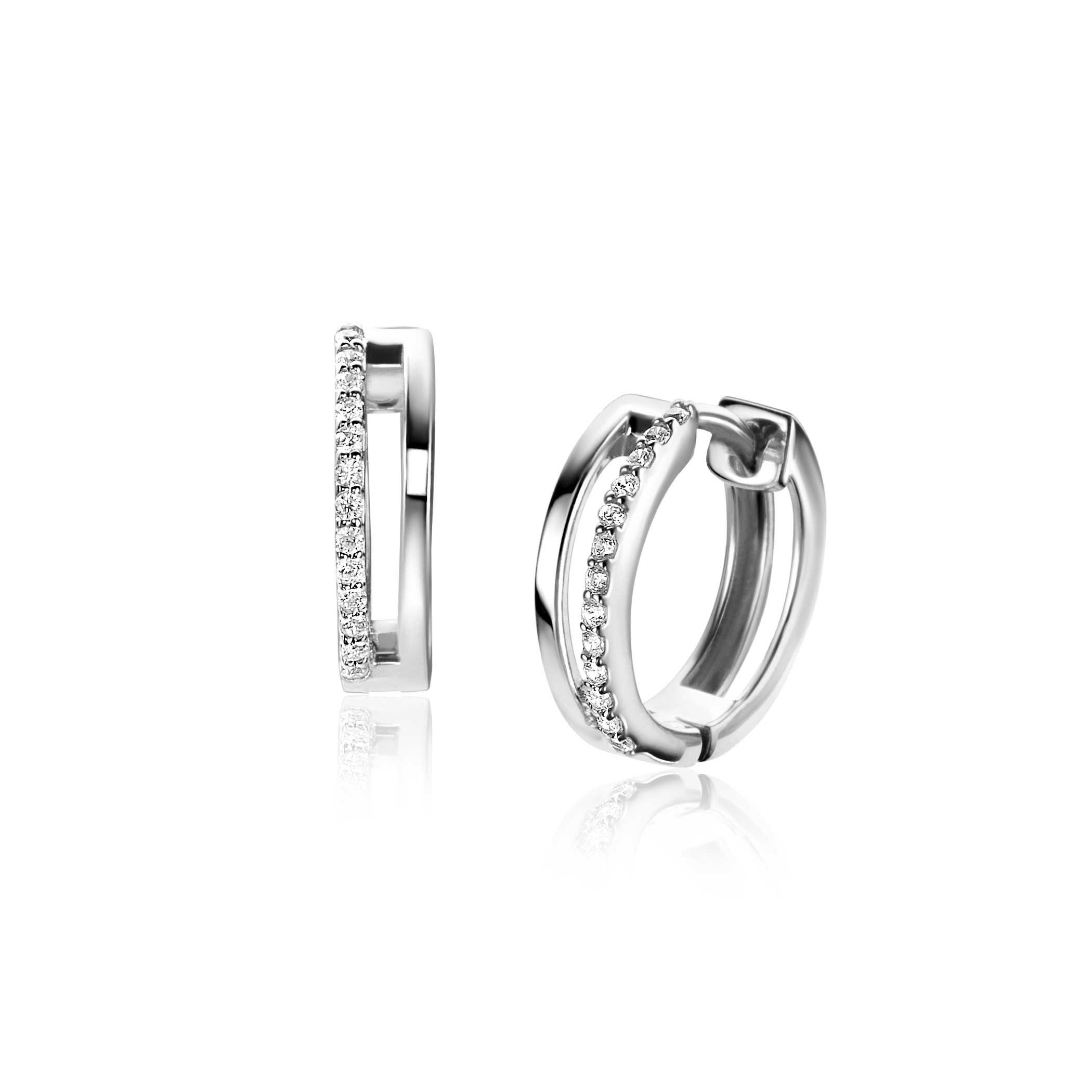 14mm ZINZI zilveren oorringen met een multi-look uitstraling, bezet met witte zirconia's, met luxe klapsluiting 14x3mm ZIO2452