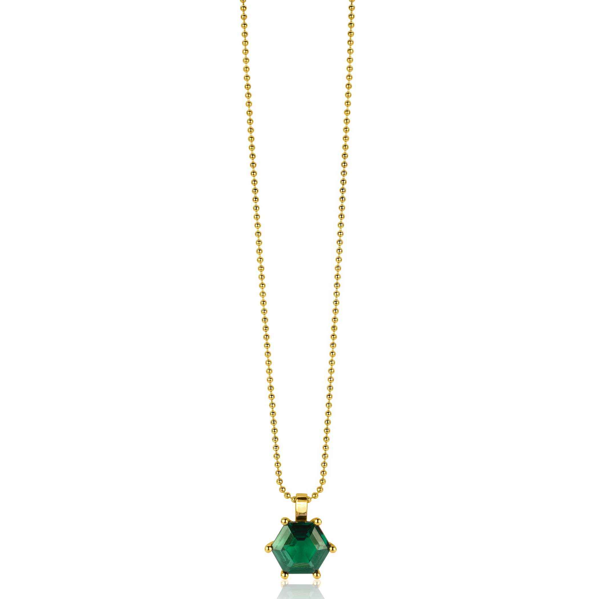 ZINZI zilveren hanger extra 14K geel verguld met zeshoekige groene kleursteen 15mm ZIH2259G (zonder collier)