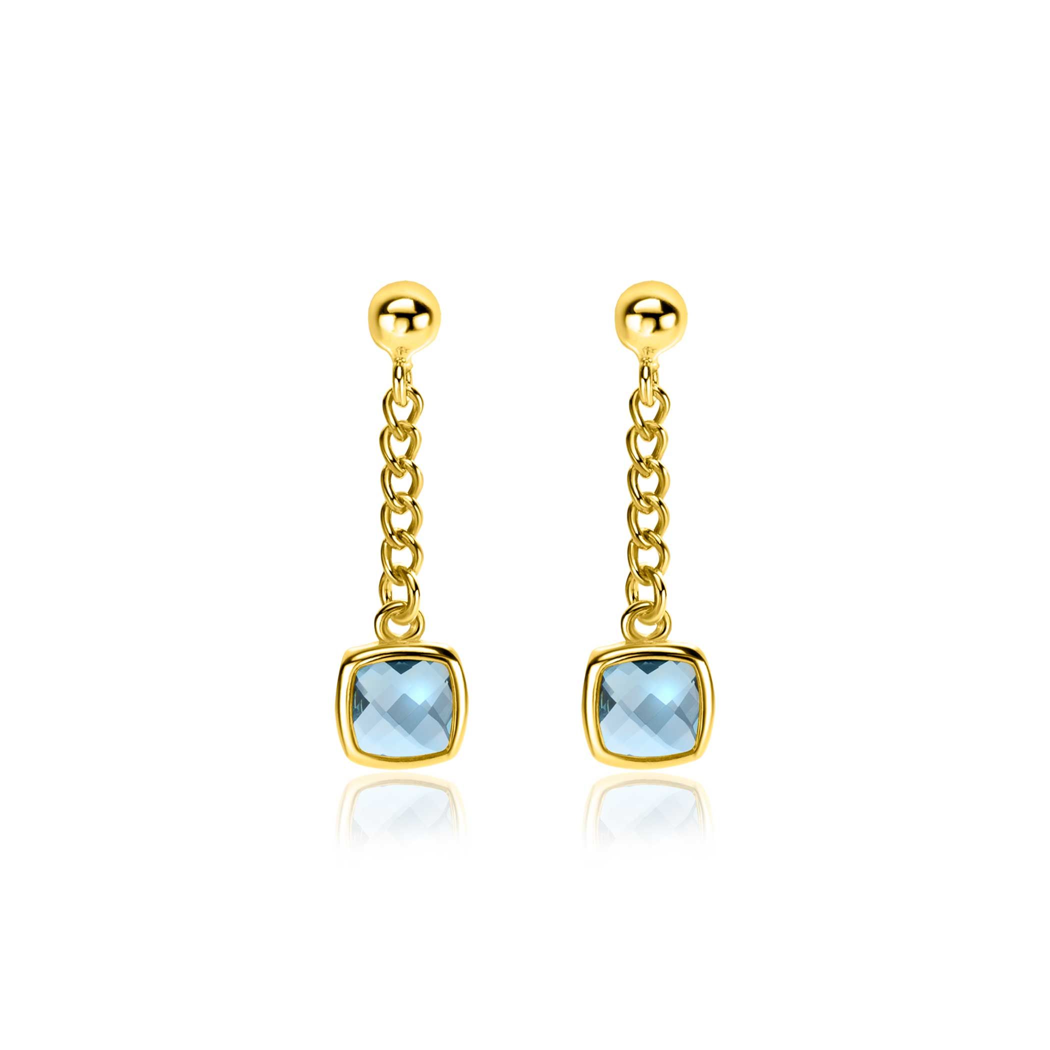 25mm ZINZI gold plated zilveren oorstekers met gourmet kettinkje en vierkante zetting bezet met indigo blauwe kleursteen ZIO2417G