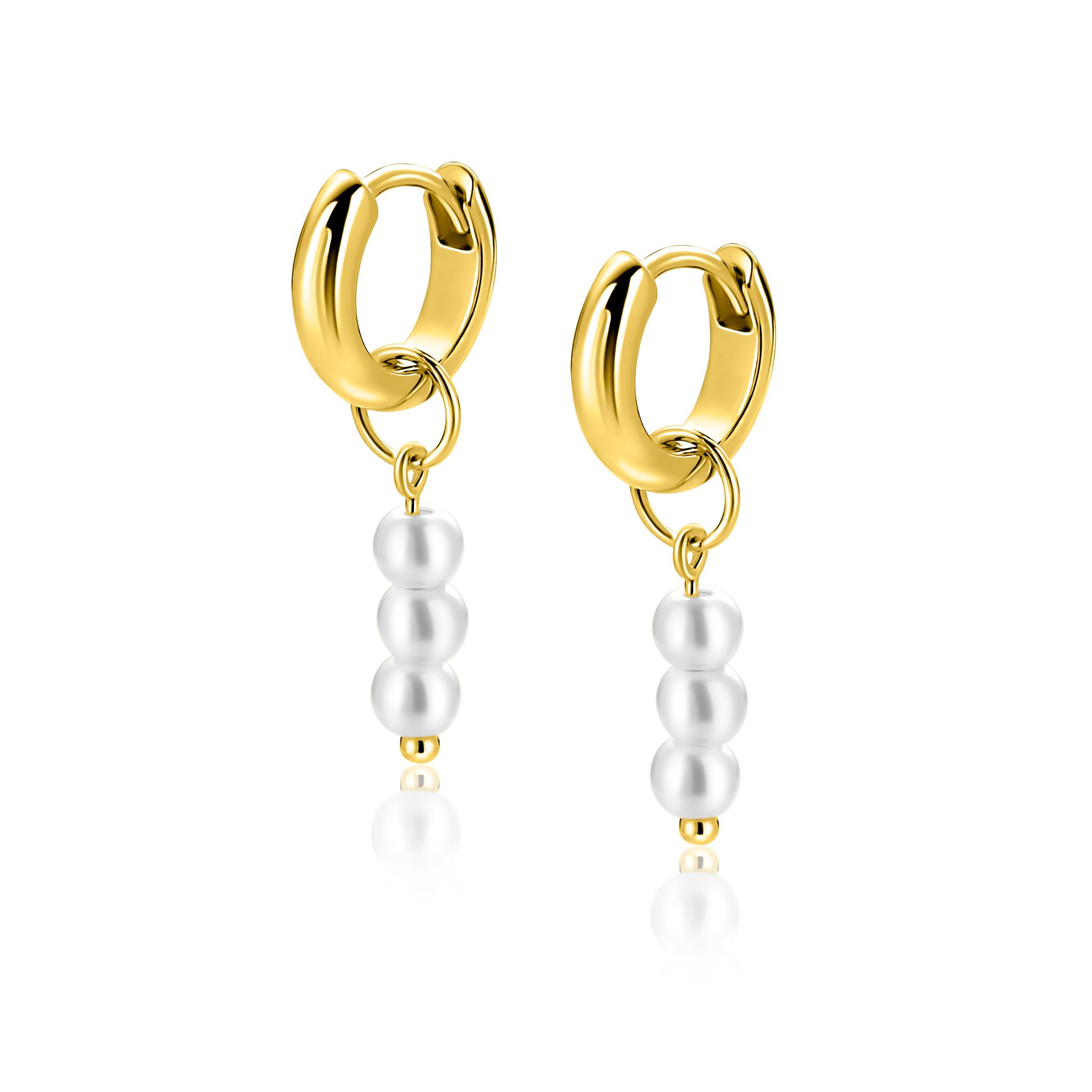 12mm ZINZI gold plated zilveren oorbedels met 3 witte pareltjes ZICH2734Y (zonder oorringen)