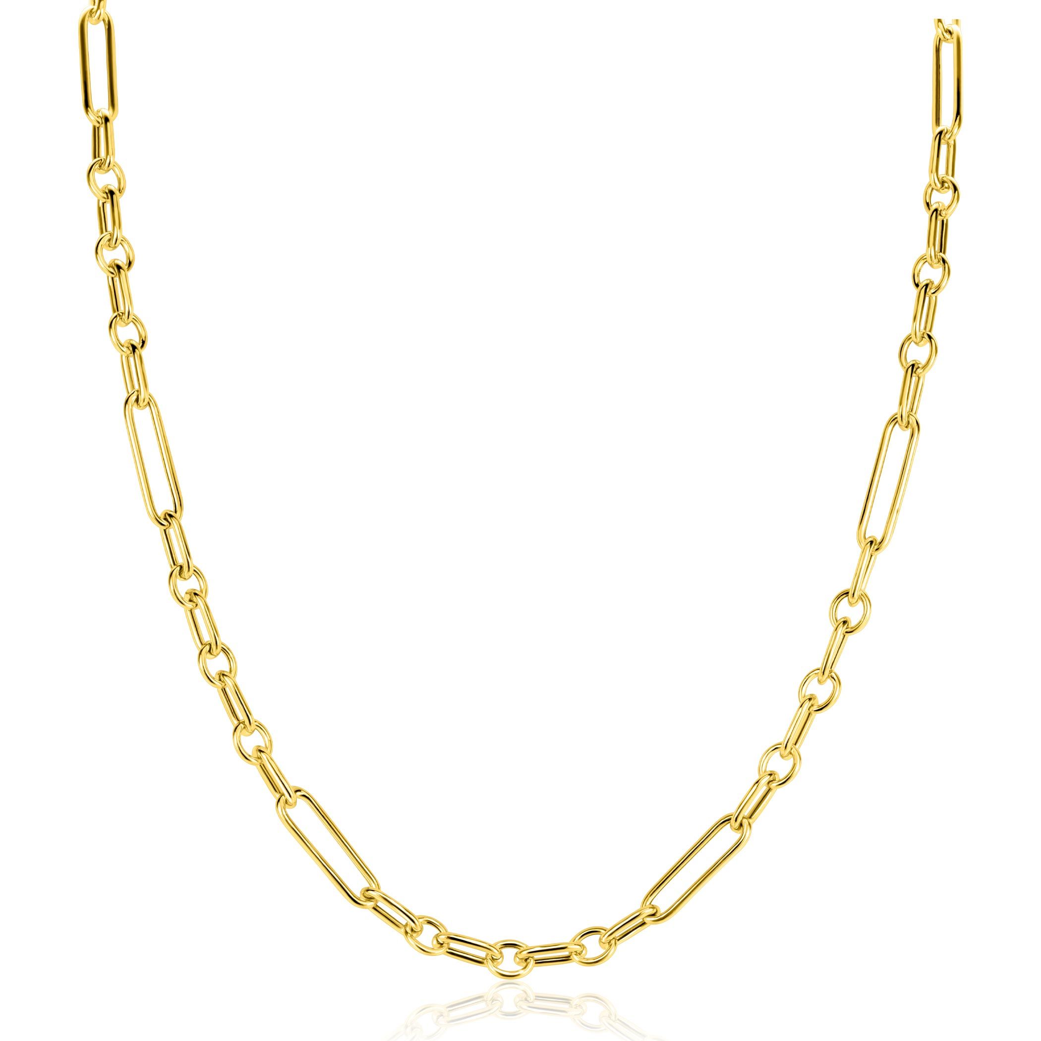 ZINZI gold plated zilveren schakelketting 45cm met opvallende rechthoekige, ovale en ronde schakels ZIC2784G
