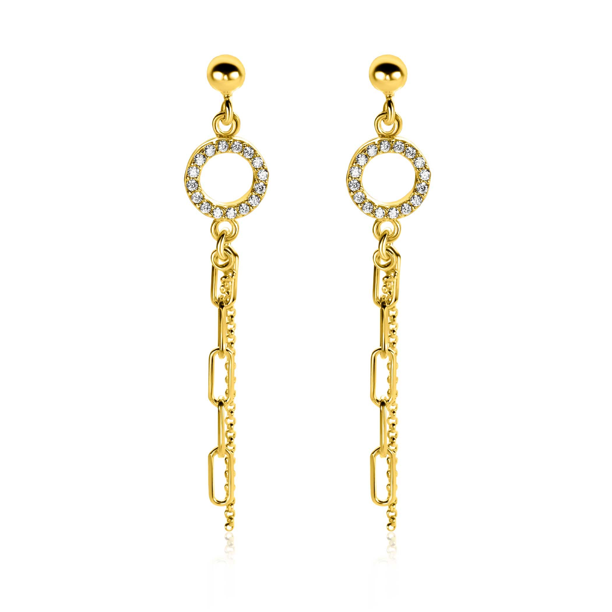 46mm ZINZI gold plated zilveren oorstekers met bungelende paperclip en gourmet schakels, bevestigd aan een open rondje bezet met witte zirconia's ZIO2464Y