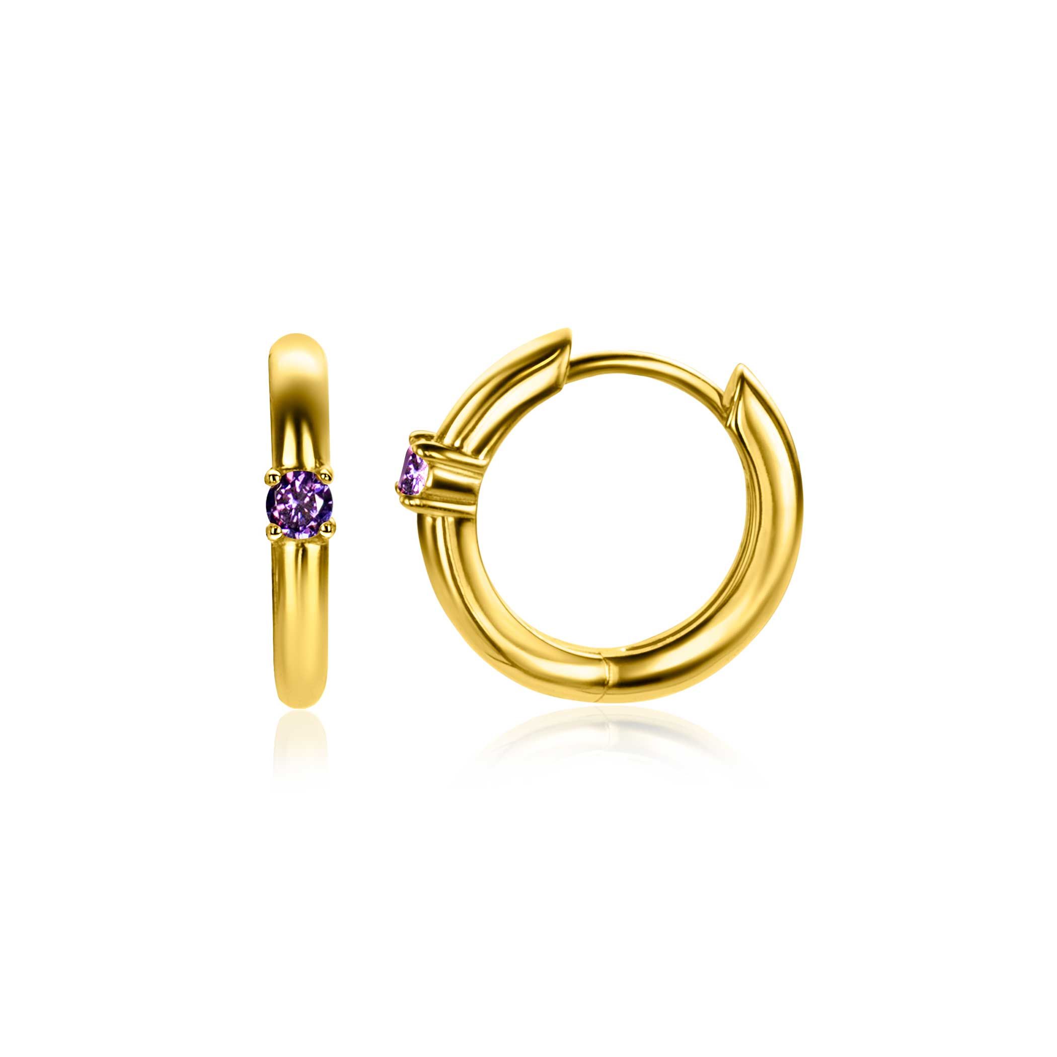 FEBRUARI oorringen 13mm gold plated met geboortesteen paars amethist zirconia 
