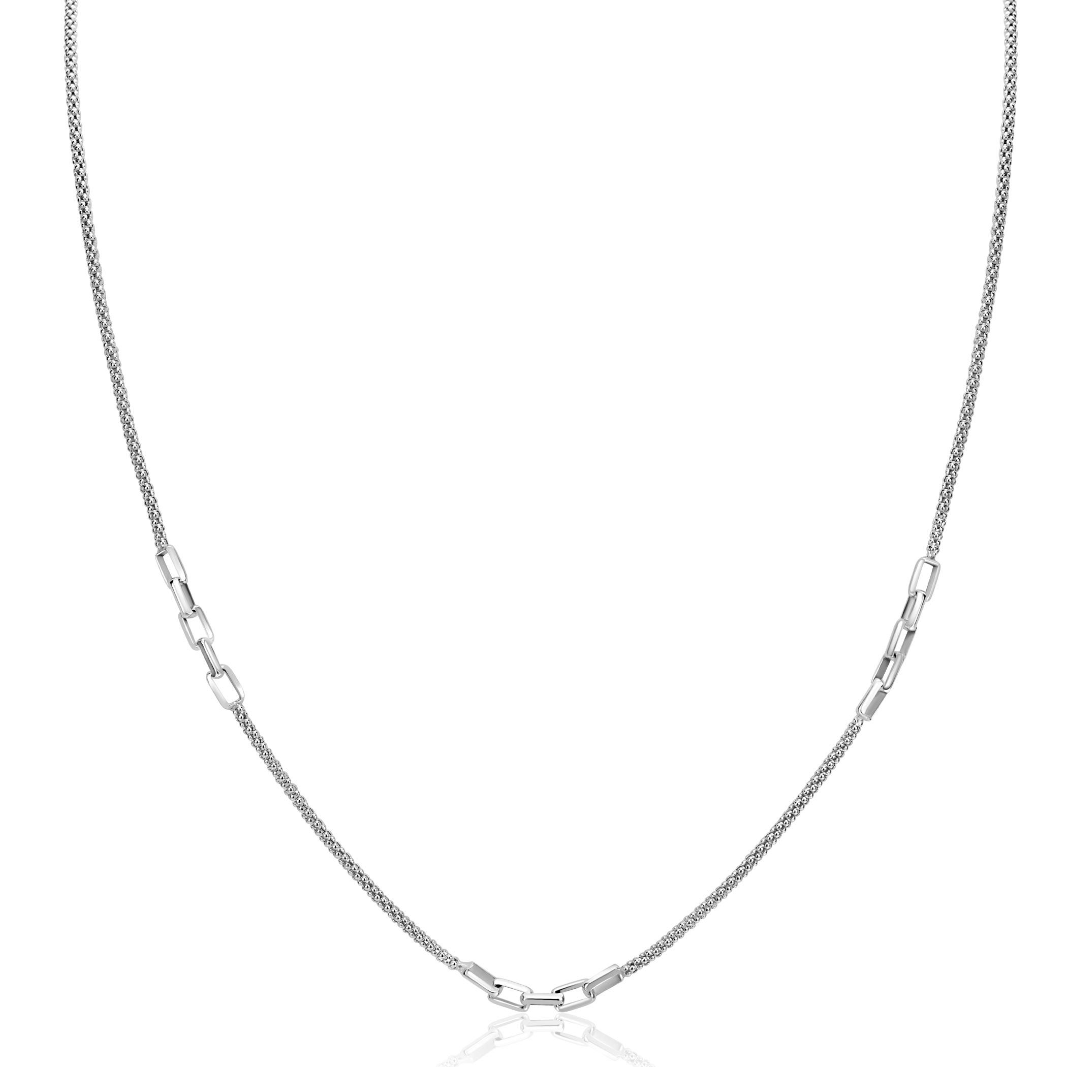 ZINZI zilveren popcorn schakelketting 45-48cm met drie paperclip schakelaccenten ZIC2709