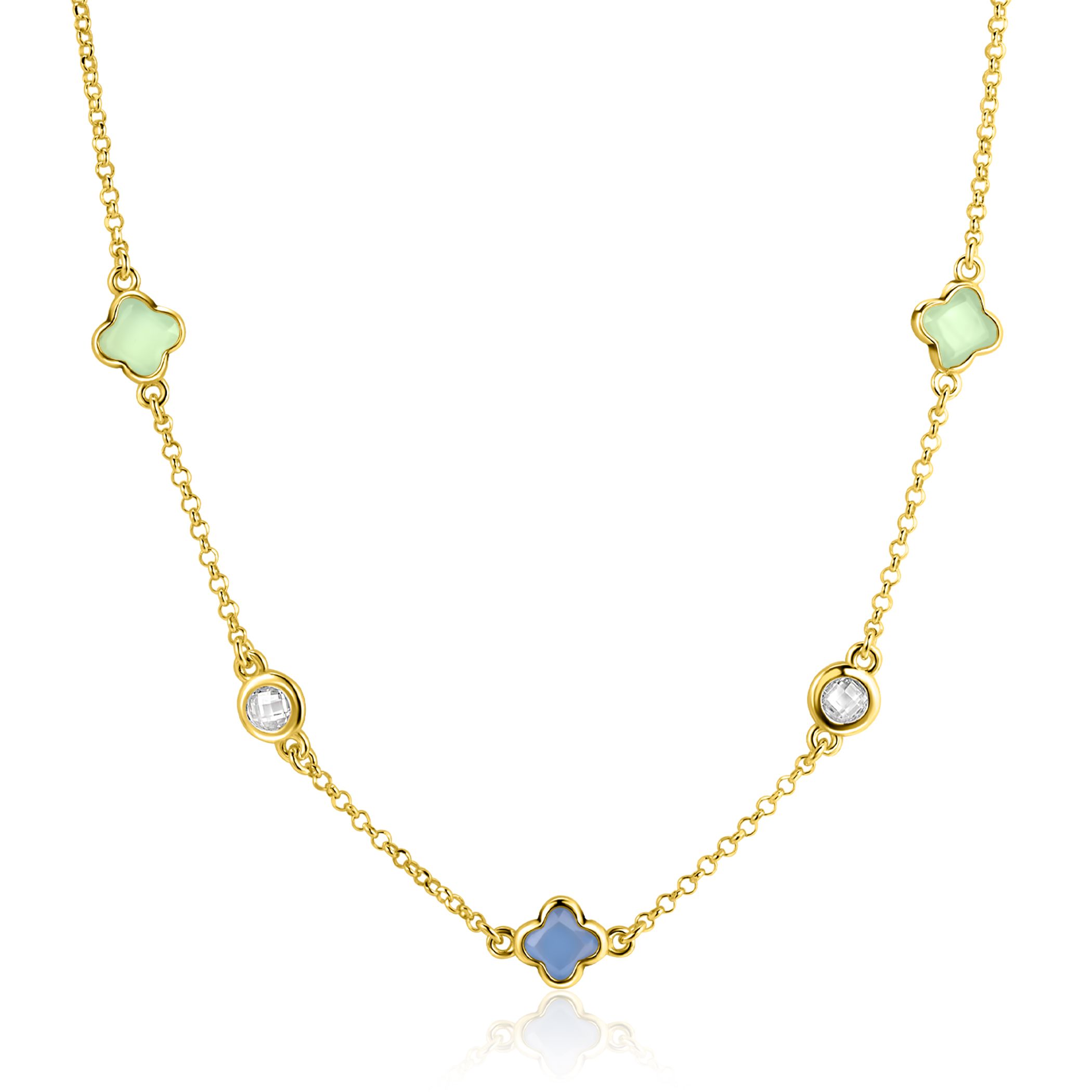 ZINZI gold plated zilveren schakelketting met twee mintgroene klavers en een blauwe klaver 40-45cm ZIC2763