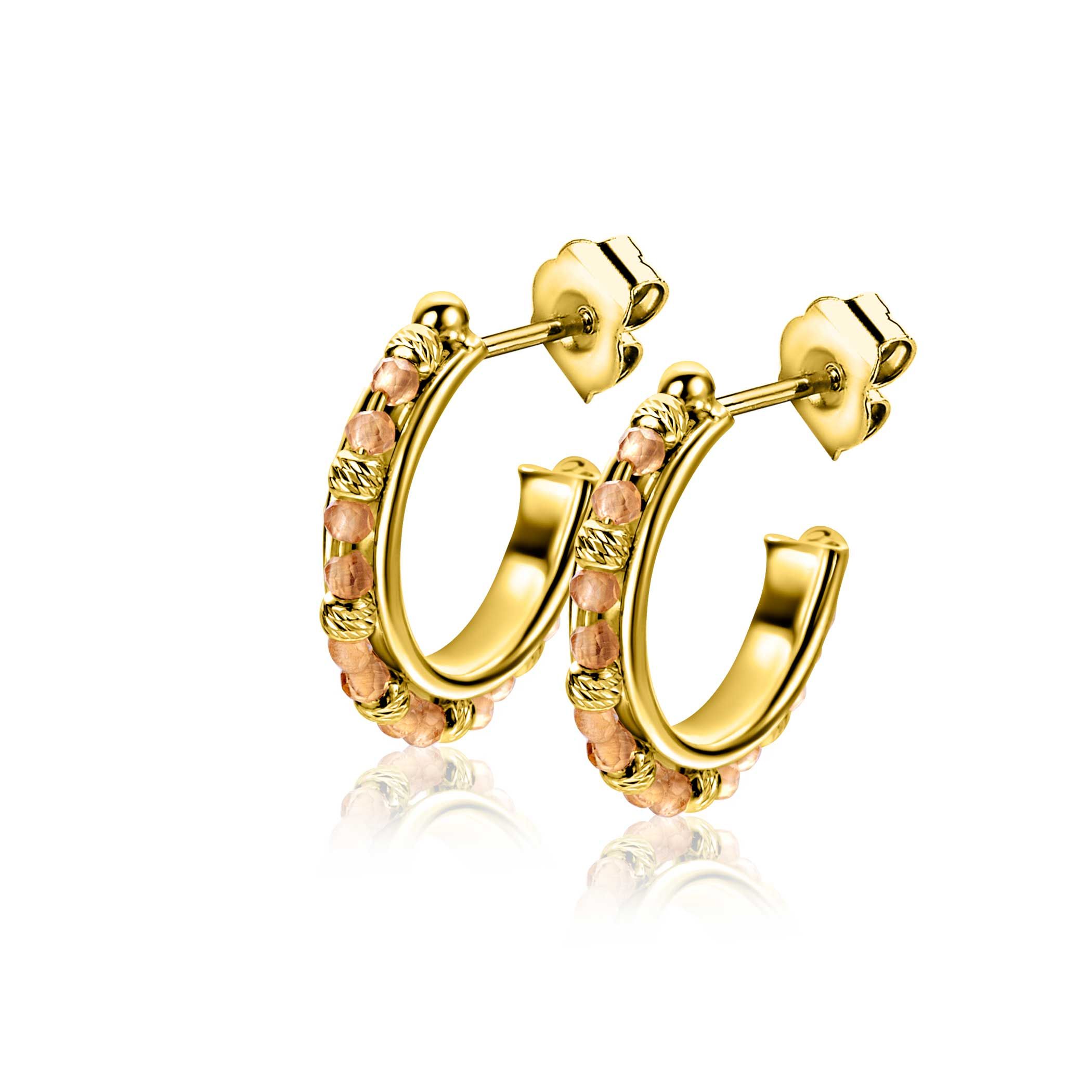 20mm ZINZI gold plated zilveren oorstekers met ronde champagne beads en bewerkte bolletjes ZIO-BF128