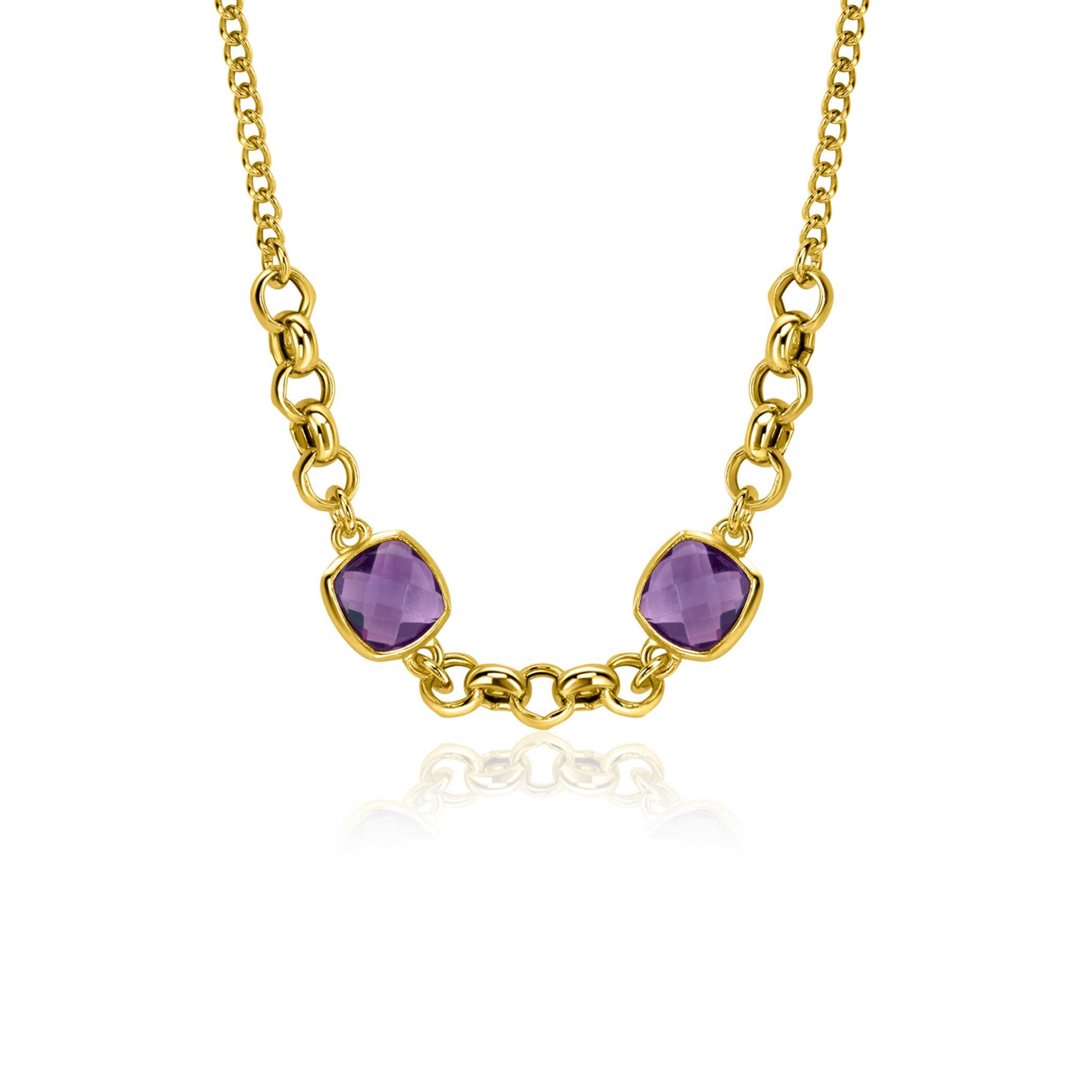 ZINZI gold plated zilveren gourmet schakel ketting met twee vierkante paarse kleurstenen 40-45cm ZIC-BF122