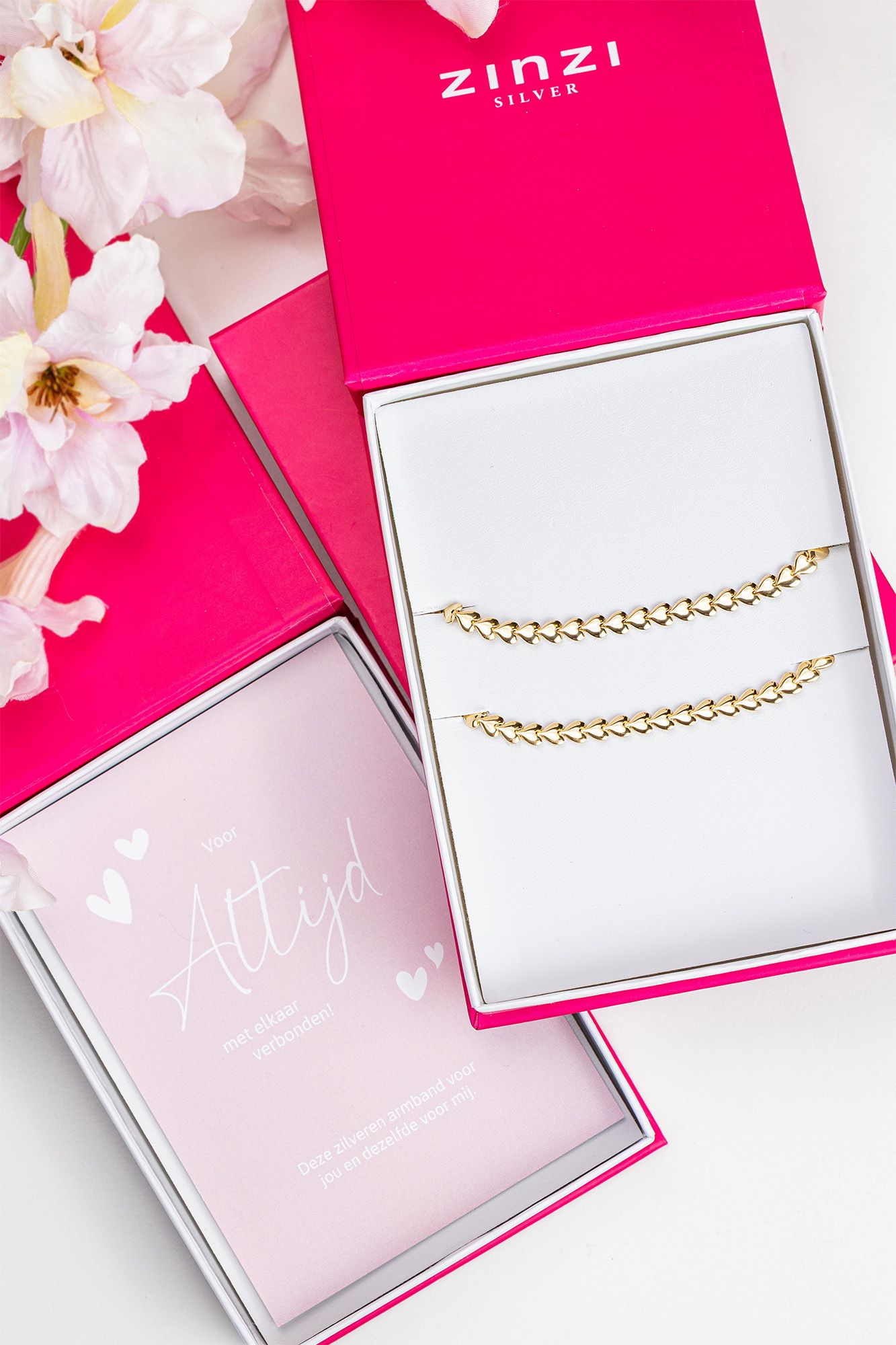 ZINZI set van 2 zilveren armbanden geel verguld hartjes 4,5mm breed ZIA1798G-SET