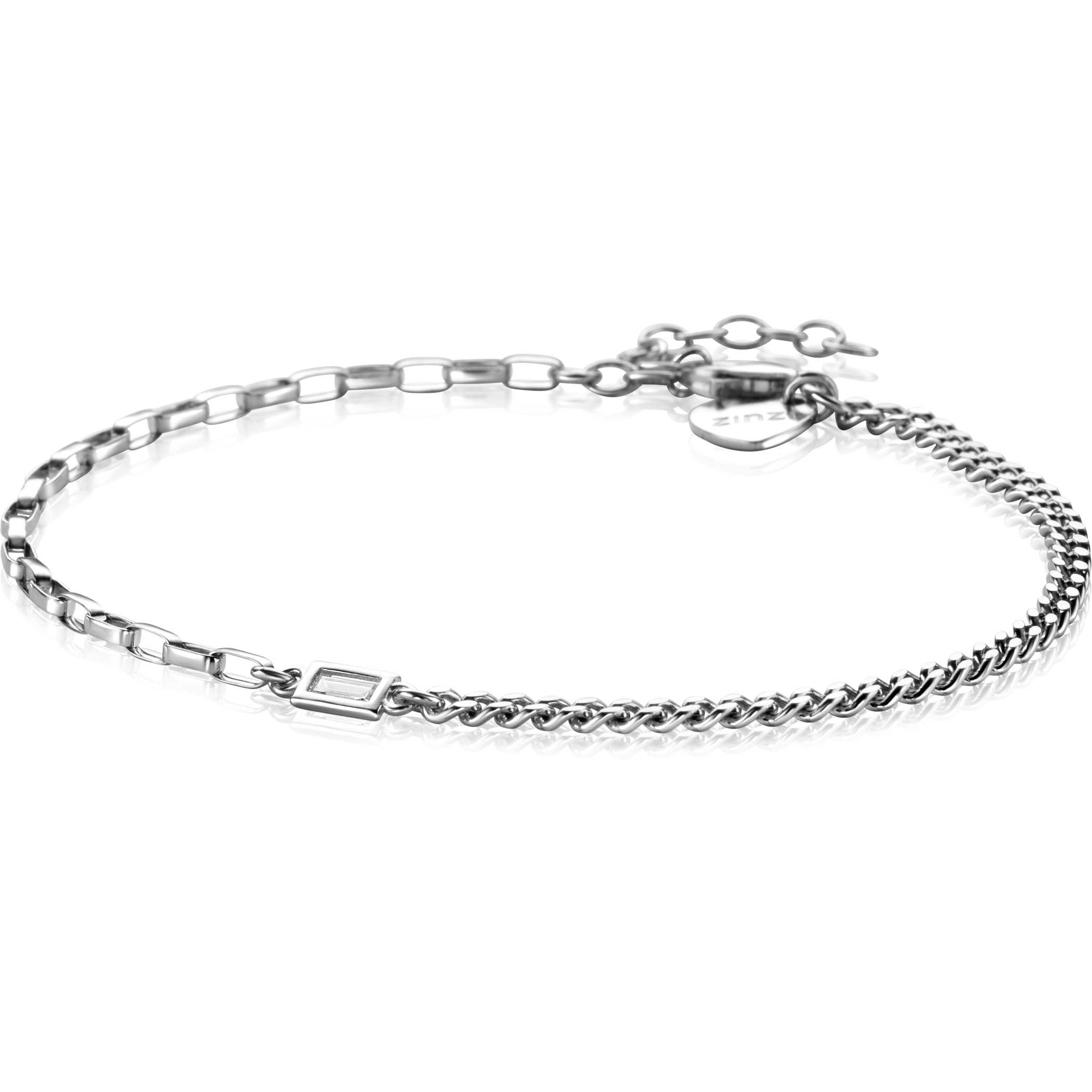 ZINZI zilveren schakelarmband met gourmet en vierkante schakels met rechthoekige zetting witte zirconia 16,5-19,5cm ZIA2519