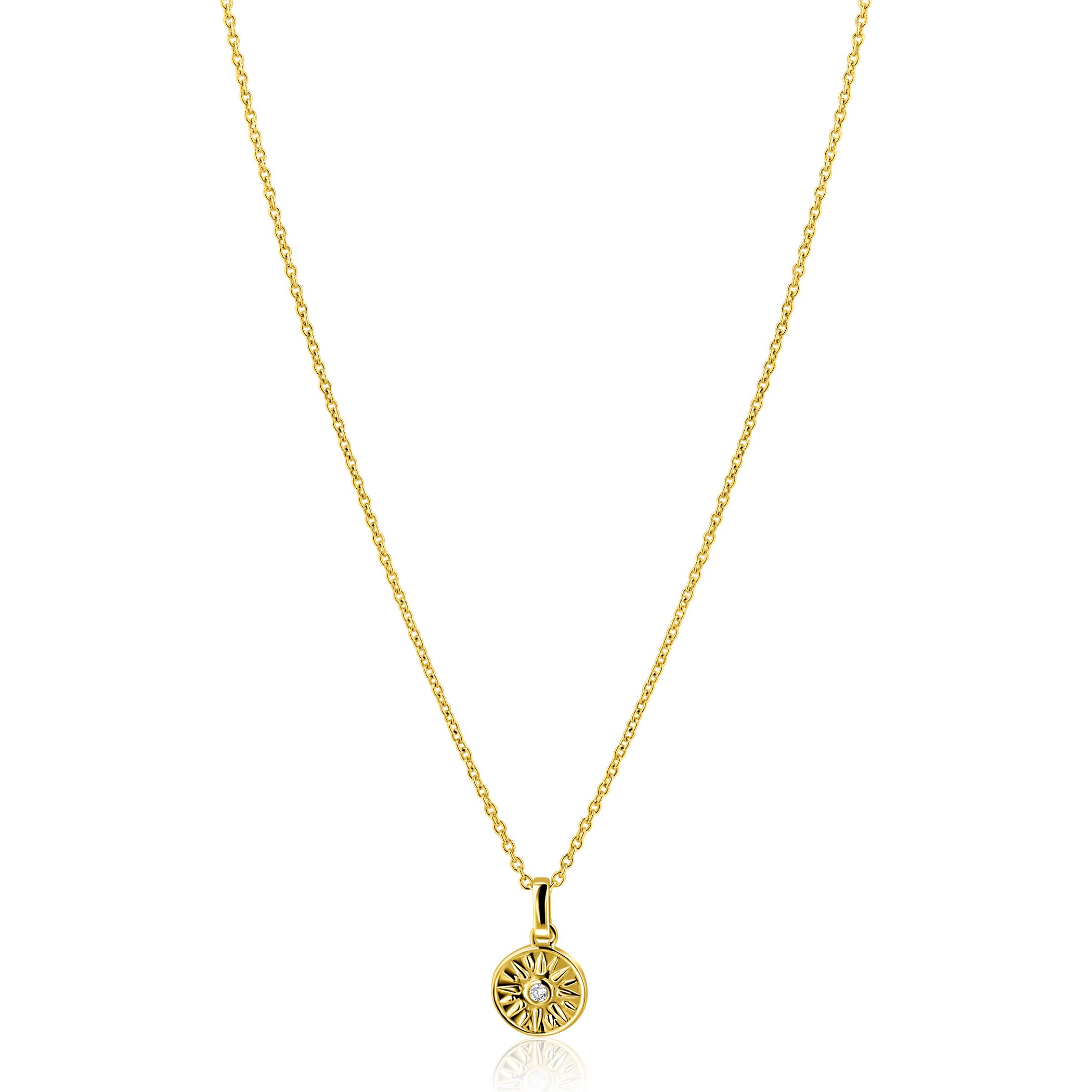 ZINZI gold plated zilveren ketting 42-45cm met zon hanger, bezet met witte zirkonia ZIC2741
