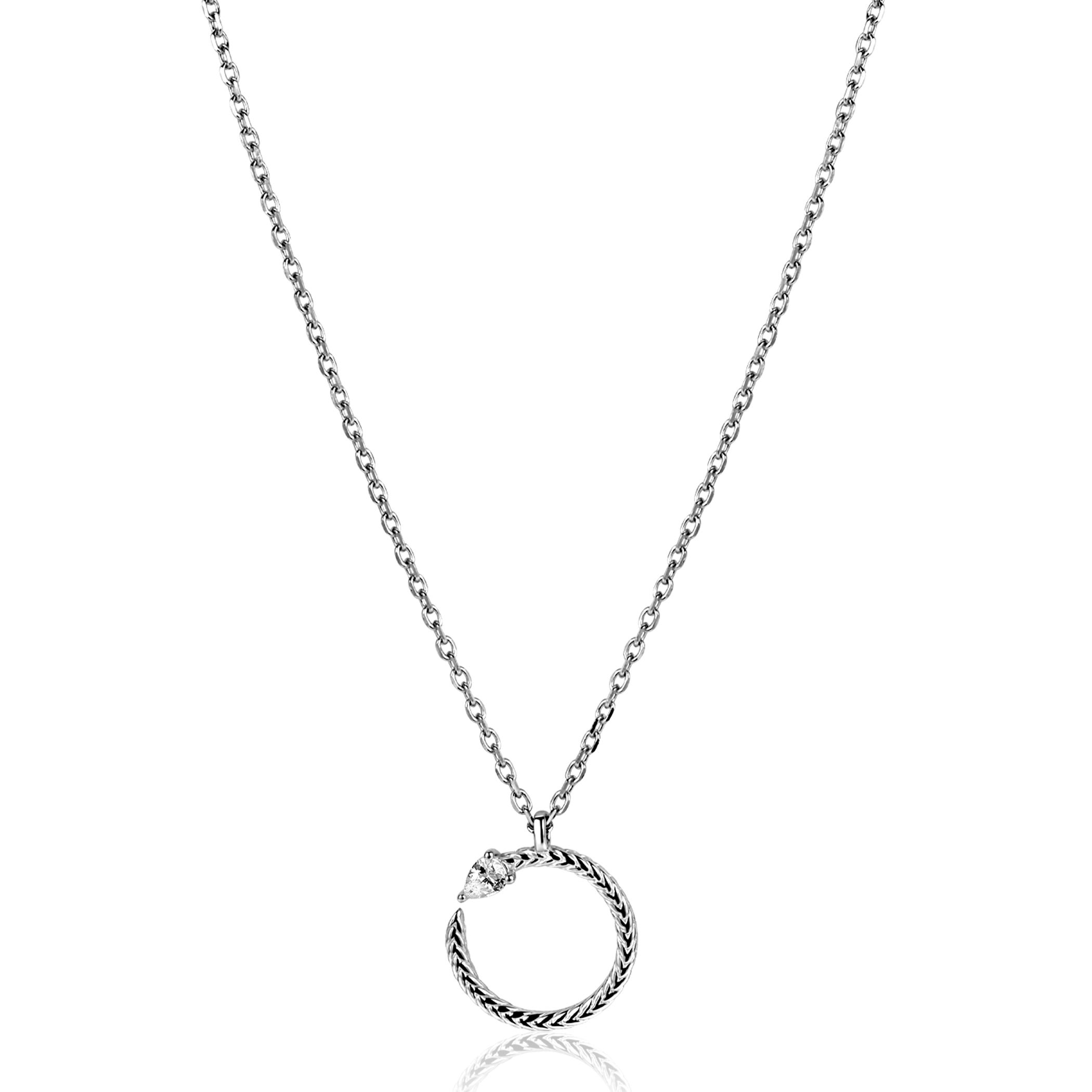 ZINZI zilveren ketting 42–45cm met ronde slang-hanger (15mm), bezet met peervormige witte zirkonia ZIC2722