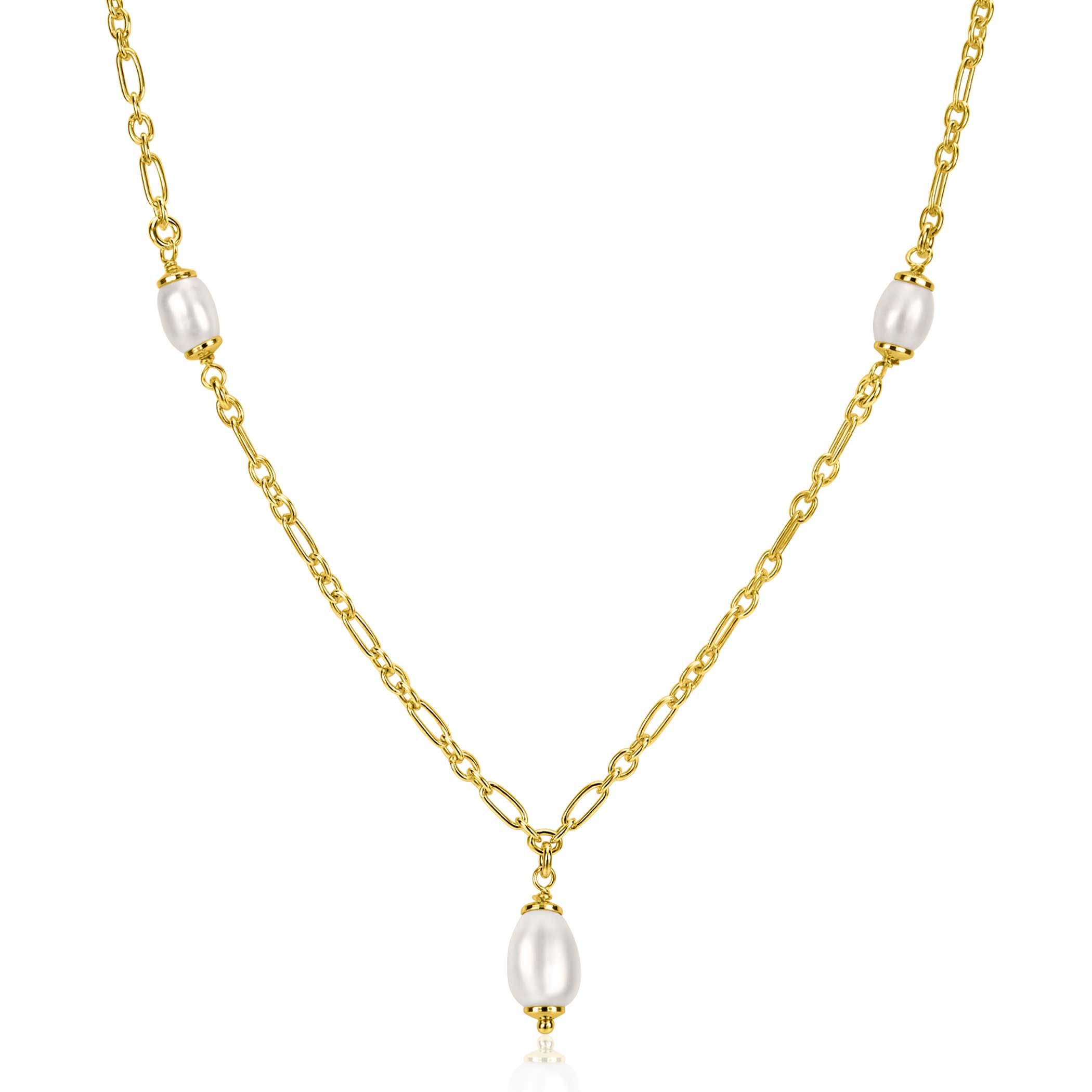 ZINZI gold plated zilveren schakelketting met drie ovale witte zoetwaterparels 40-45cm ZIC2588