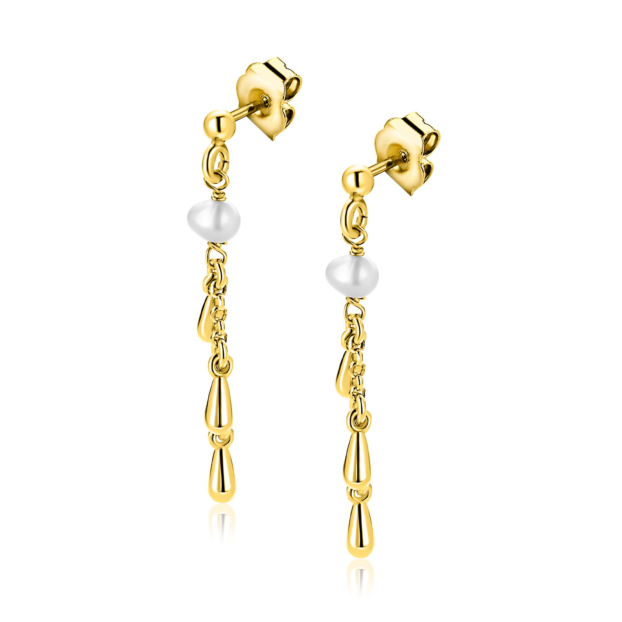 37mm ZINZI gold plated zilveren oorstekers met druppels en witte zoetwaterparels ZIO2753