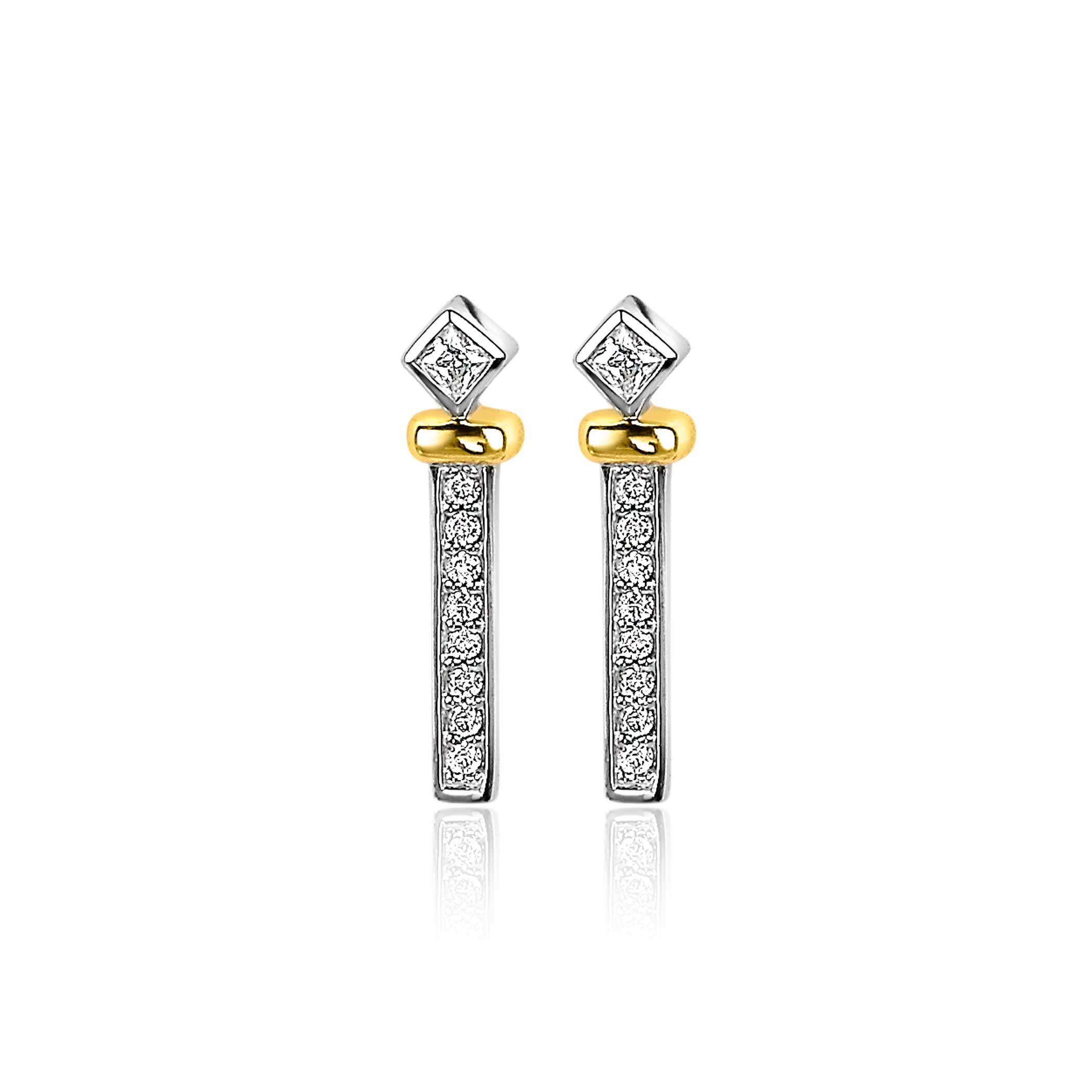 ZINZI zilveren bicolor oorsieraden 18mm met staafje ruit witte zirconia's ZIO2121