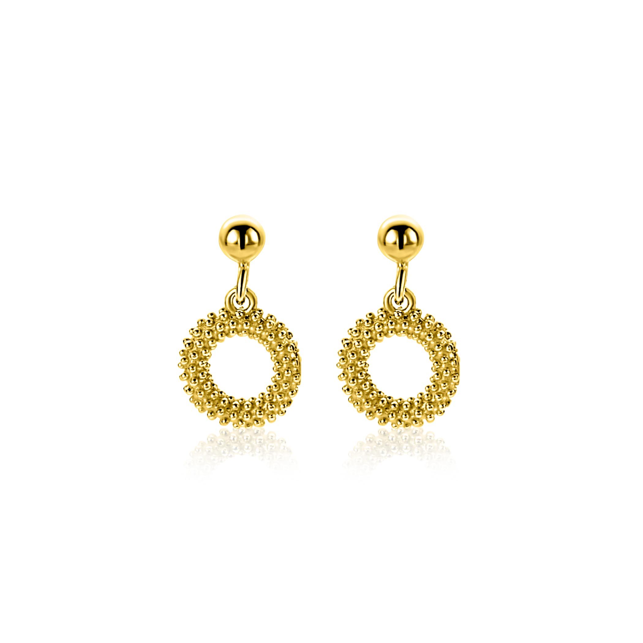 14mm ZINZI gold plated zilveren oorstekers met open rondje van 8,5mm voorzien van een bolstructuur ZIO2704G