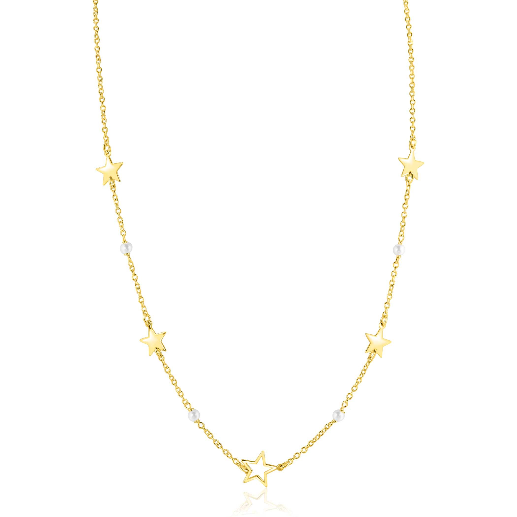 ZINZI goldplated zilveren ketting 45cm met glanzende sterren en witte pareltjes ZIC2780