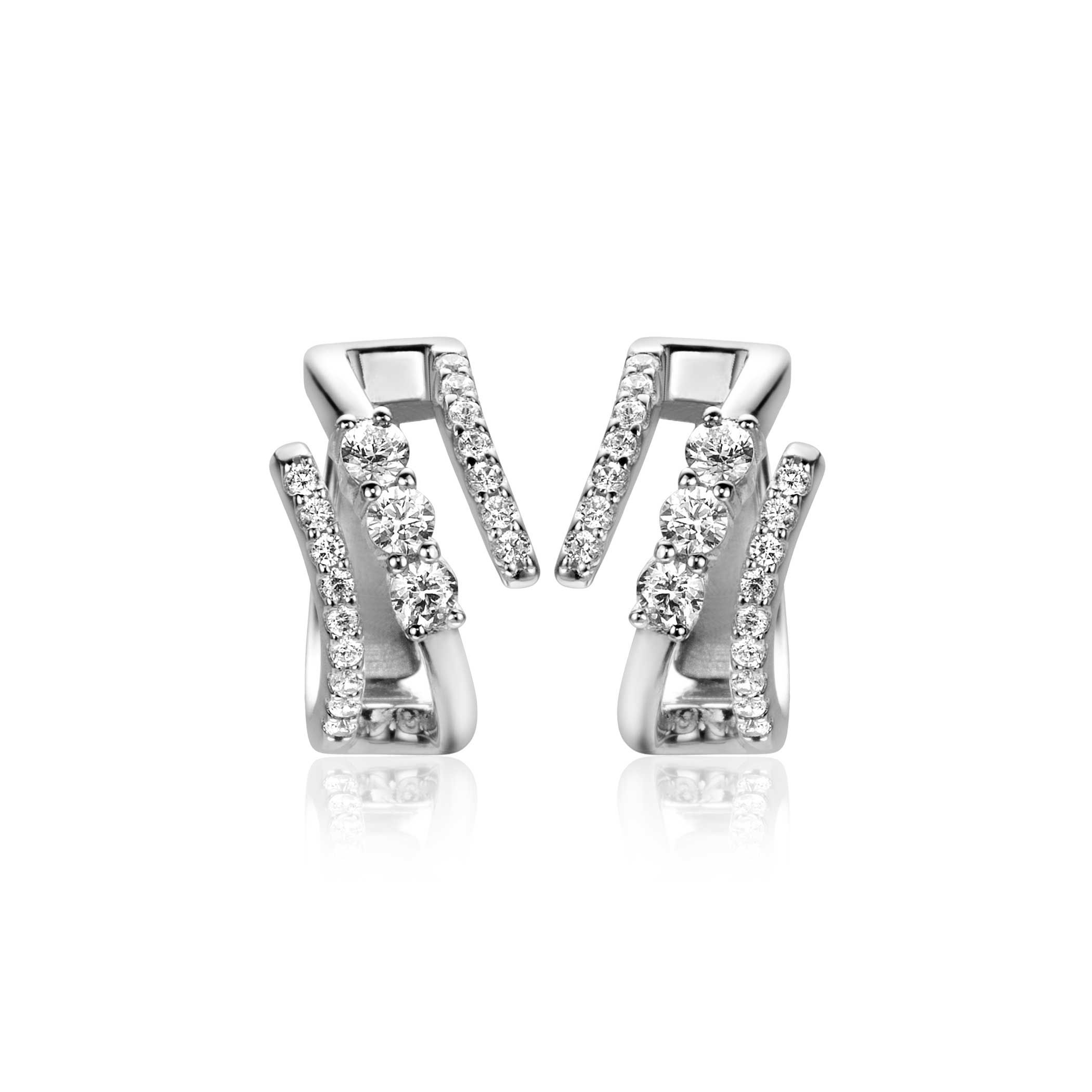 16mm ZINZI zilveren multi-look oorringen met 3 rijen, bezet met witte zirconia's 9mm breed met luxe klapsluiting ZIO2645