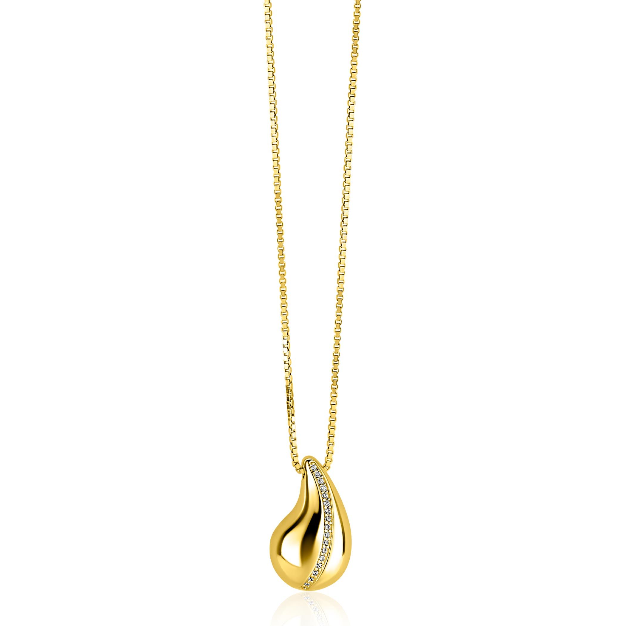 ZINZI gold plated zilveren venetiaanse ketting 45-48cm met druppelvormige hanger 20mm, golvende rij witte zirkonia's ZIC2707Y