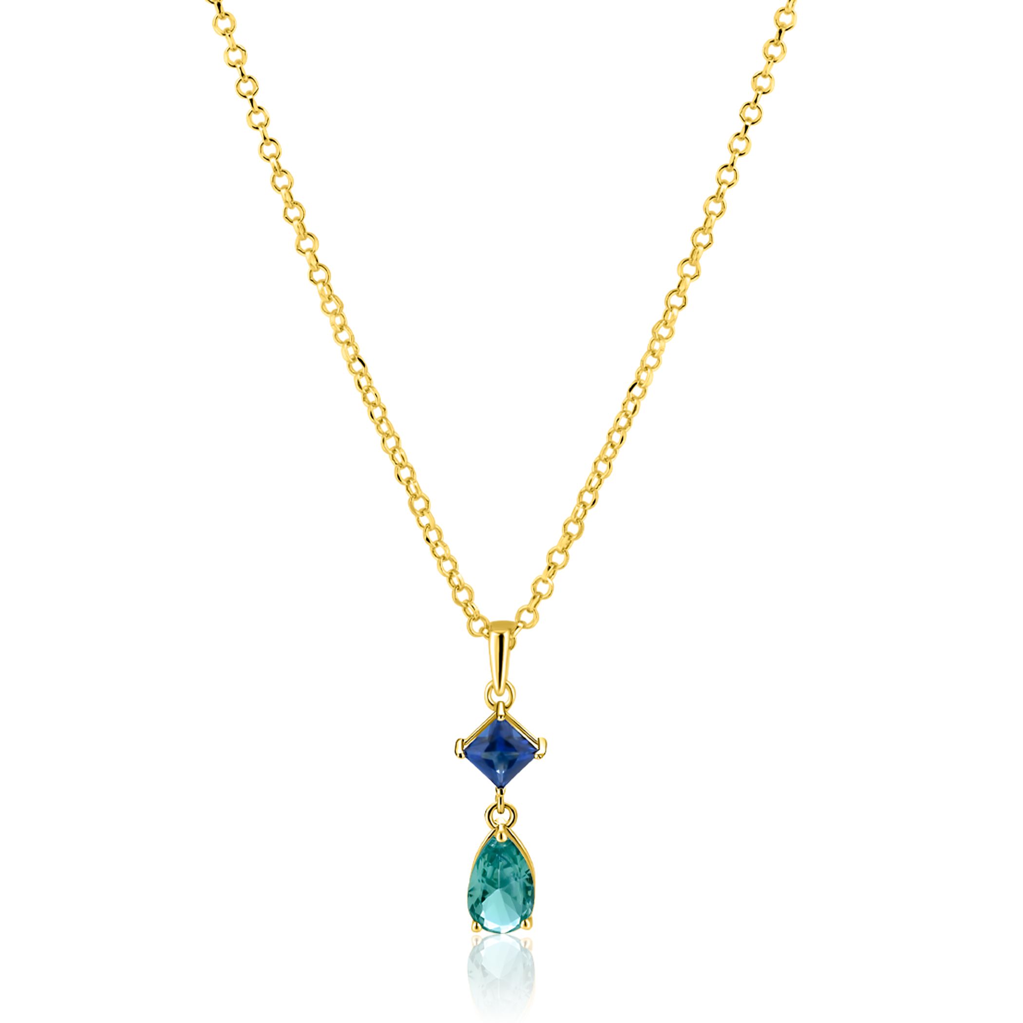 ZINZI gold plated zilveren ketting 42-45cm met luxe peervormige turquoise hanger en blauwe ruitvorm ZIC2745