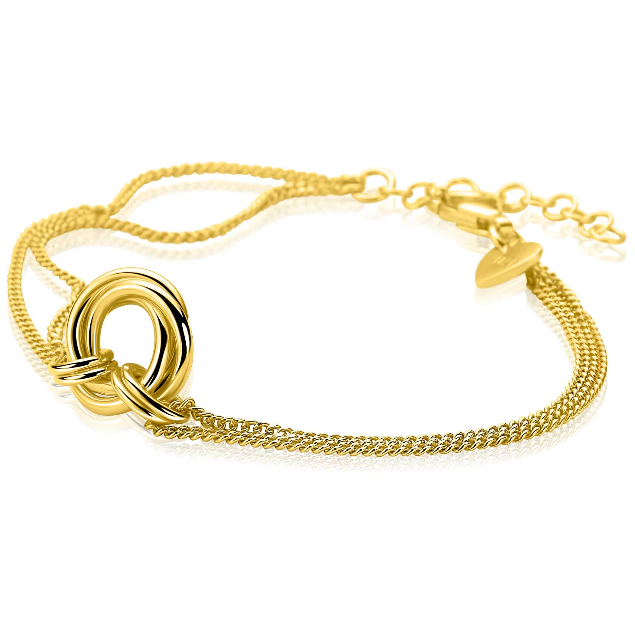 ZINZI gold plated zilveren armband met dubbele gourmet schakel en drie verbonden ringen ZIA2797