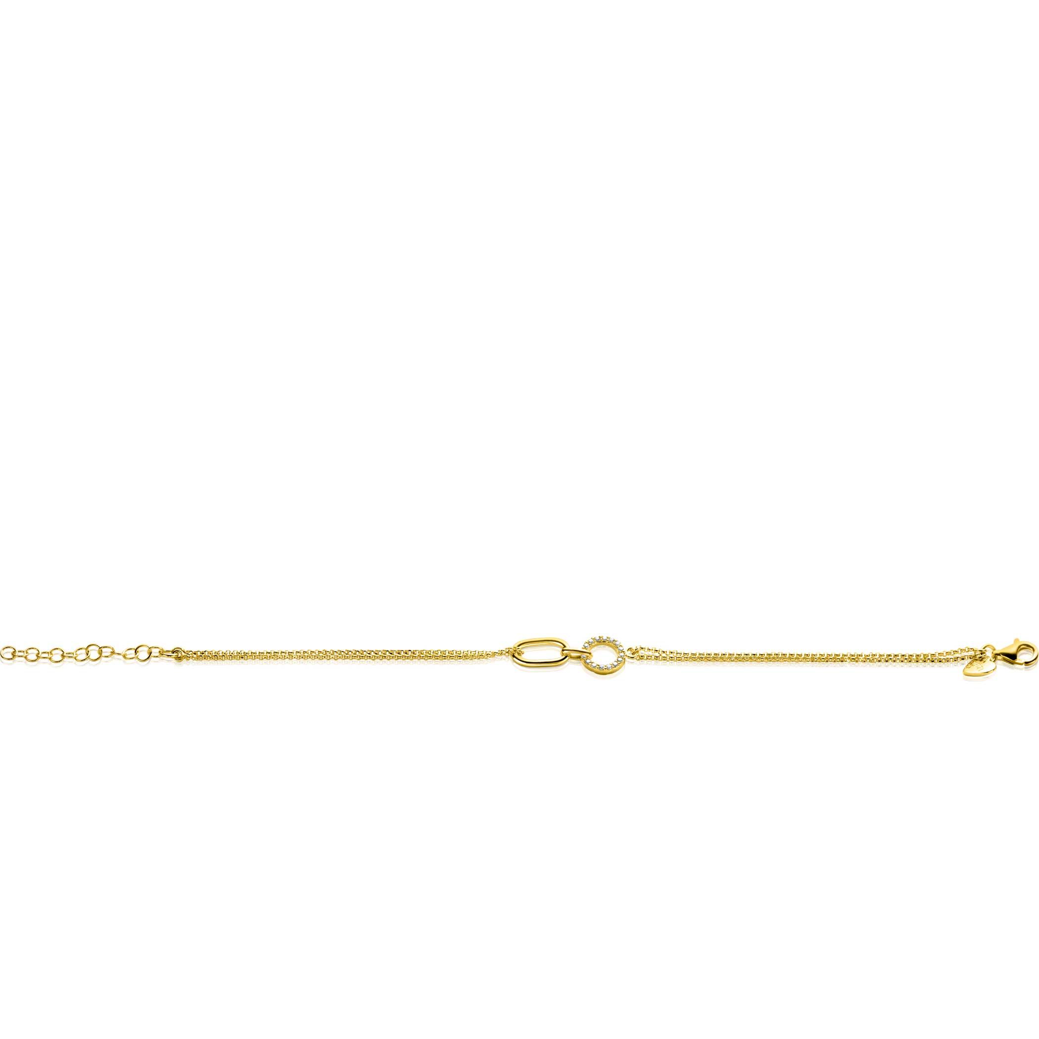 ZINZI gold plated zilveren multi-look armband met twee kettinkjes, verbonden aan een ovale schakel en open rondje bezet met witte zirconia's 17-20cm ZIA2463Y