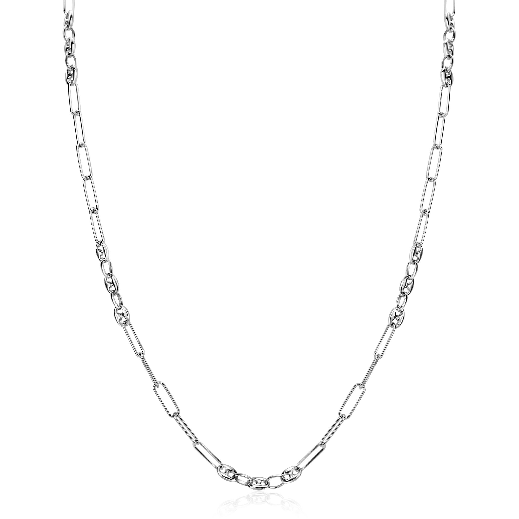 ZINZI zilveren koffieboon schakelketting 45cm, gecombineerd met lange ovale schakels ZIC2467