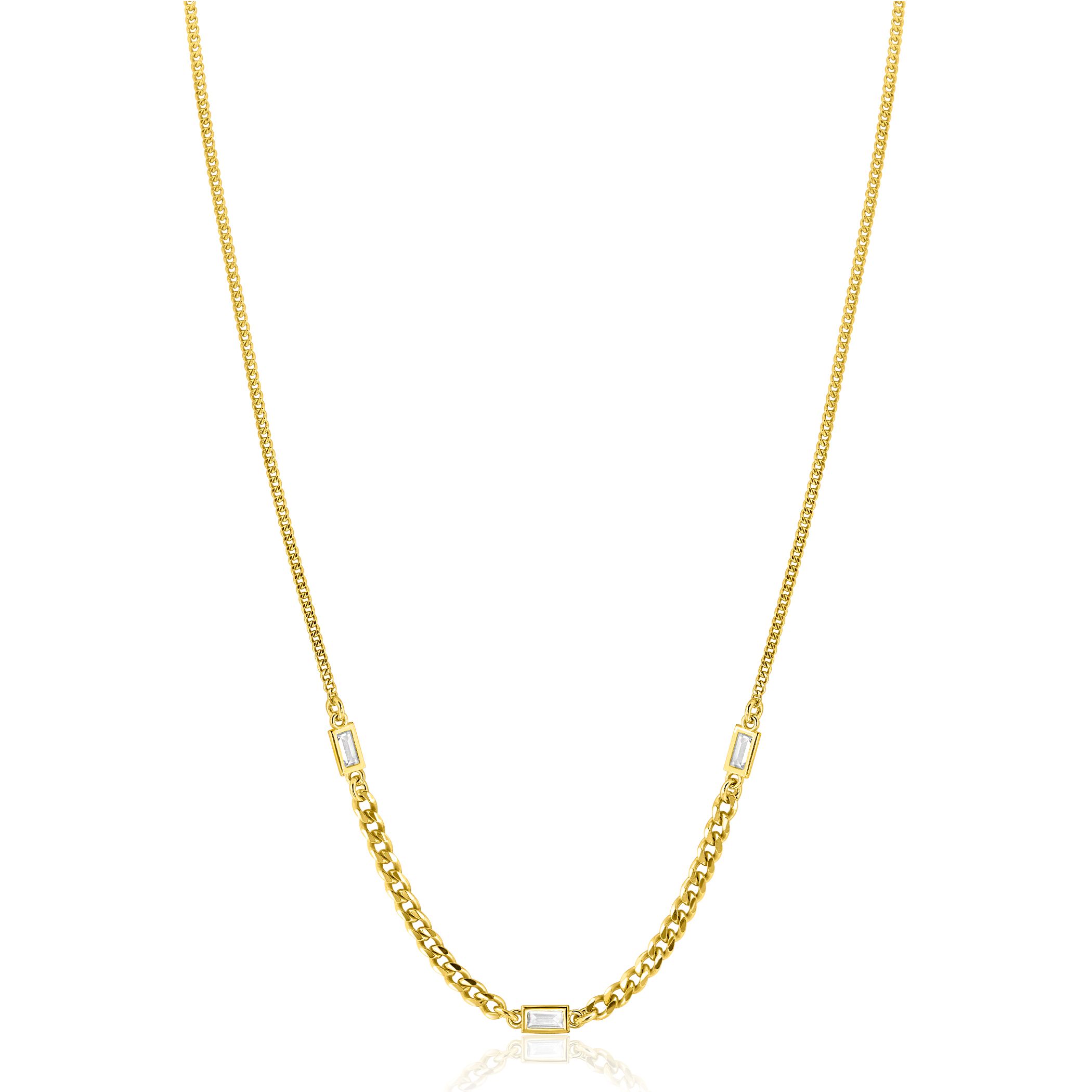 ZINZI gold plated zilveren ketting met gourmet schakels in verschillende breedtes, gecombineerd met drie rechthoekige baguette geslepen zirconia's 42-45cm ZIC2410
