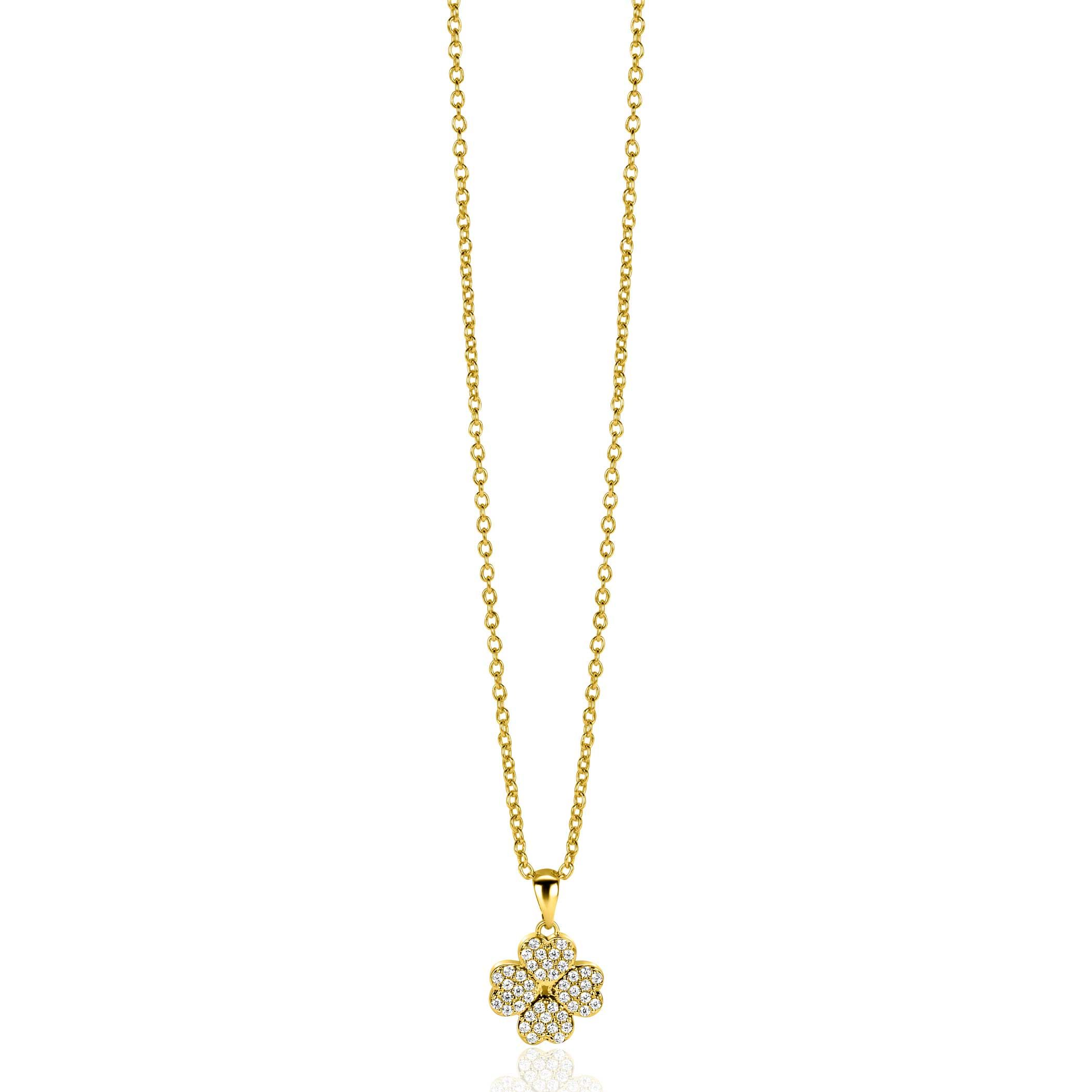 16mm ZINZI gold plated zilveren klaver vier hanger bezet met witte zirconia's ZIH2618 (zonder collier)