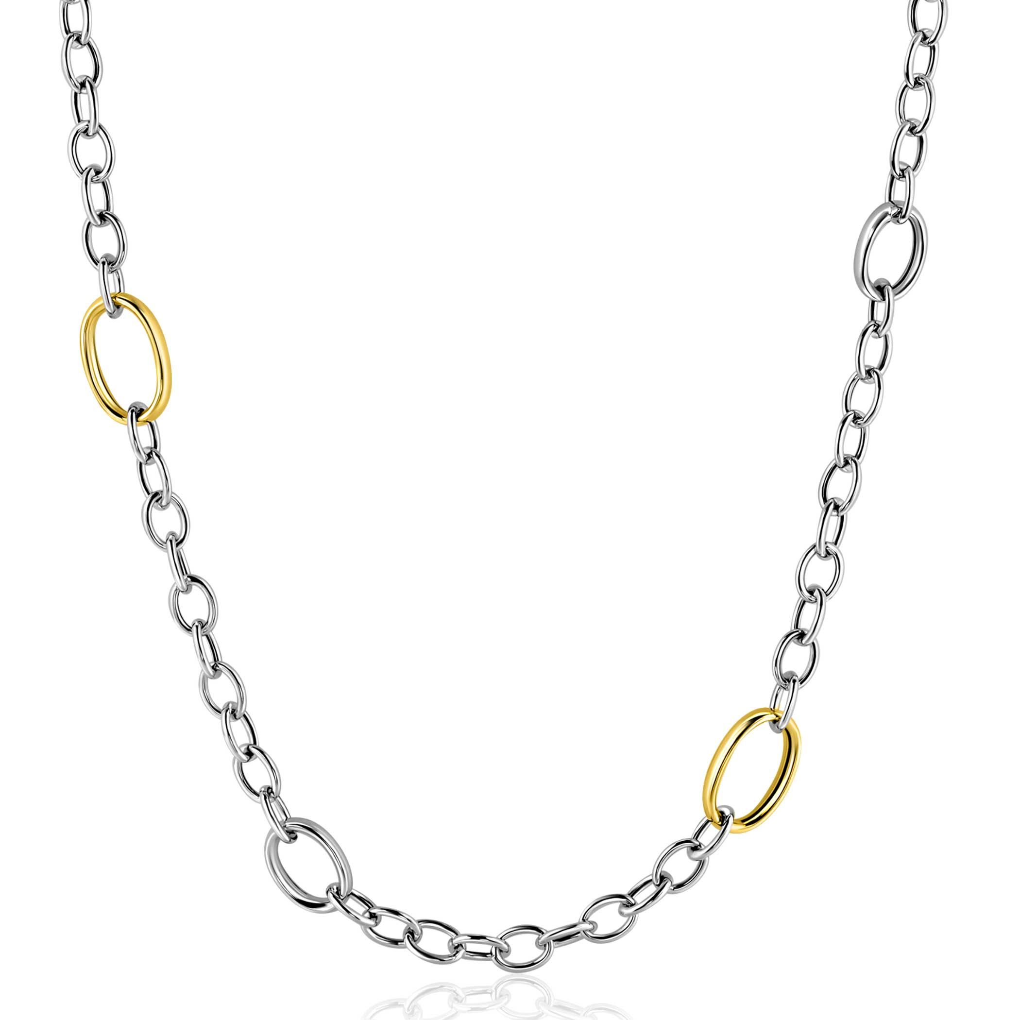 ZINZI bicolor zilveren schakelketting 70cm met drie ovale goldplated schakels ZIC2785