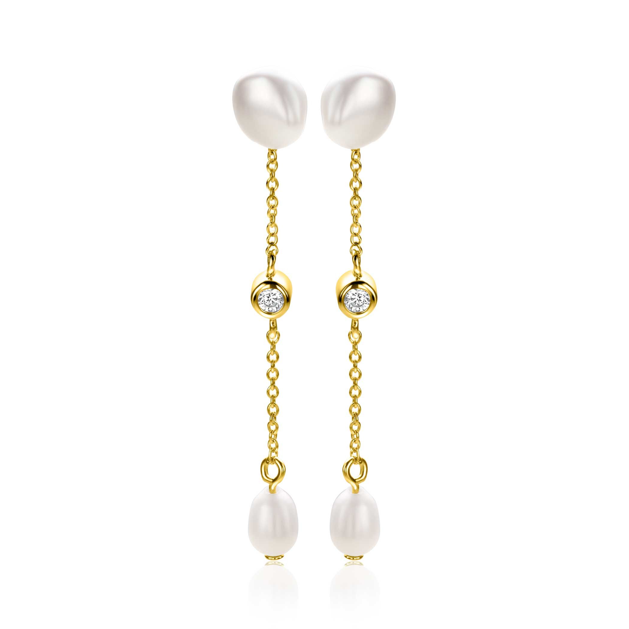 40mm ZINZI gold plated zilveren oorstekers met kettinkje en ovale witte zoetwaterparels ZIO2657