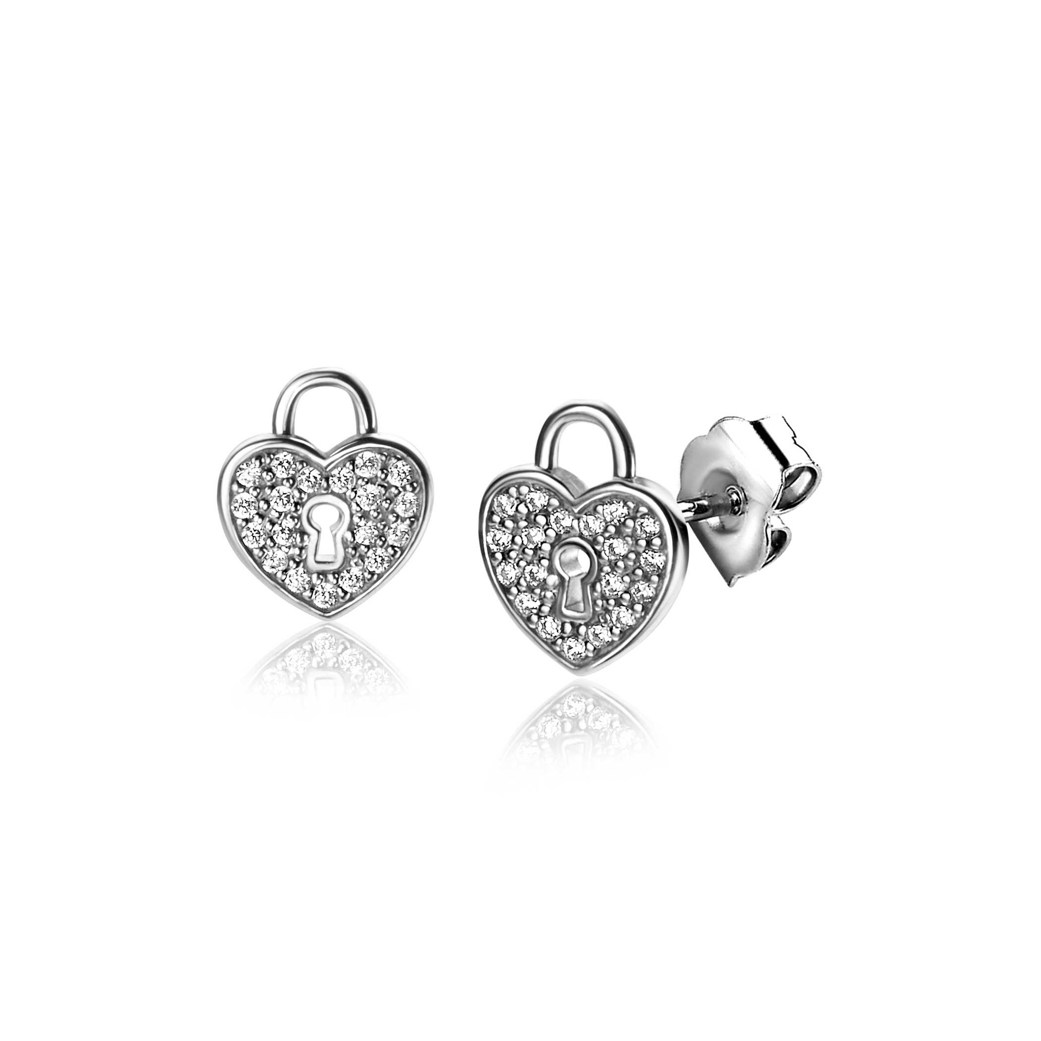 ZINZI zilveren hart oorstekers (10mm), met trendy sleutelgat en bezet met witte zirconia's ZIO2400