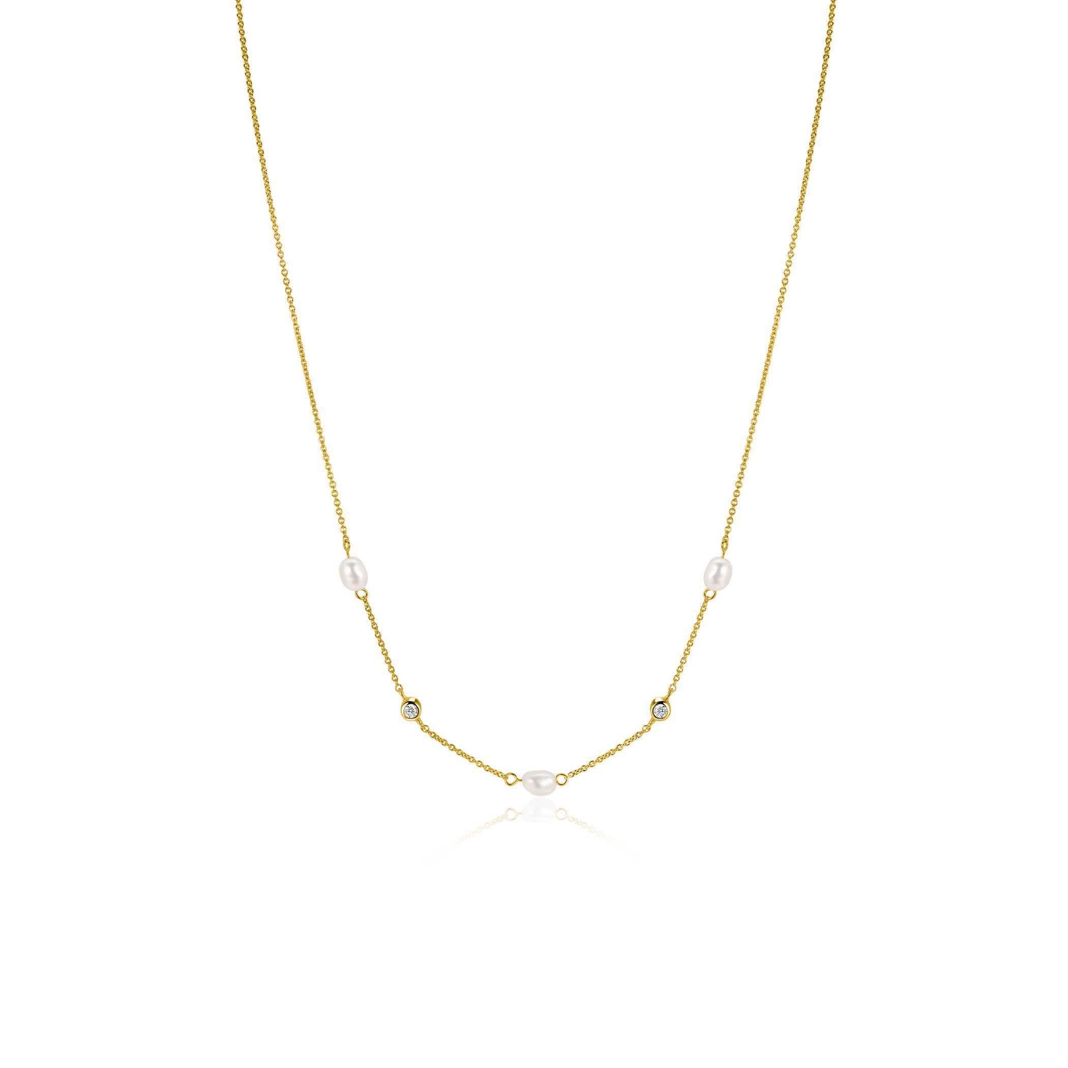 ZINZI gold plated zilveren jasseron ketting met ovale witte zoetwaterparels en witte zirkonia's 42-45 cm ZIC2657