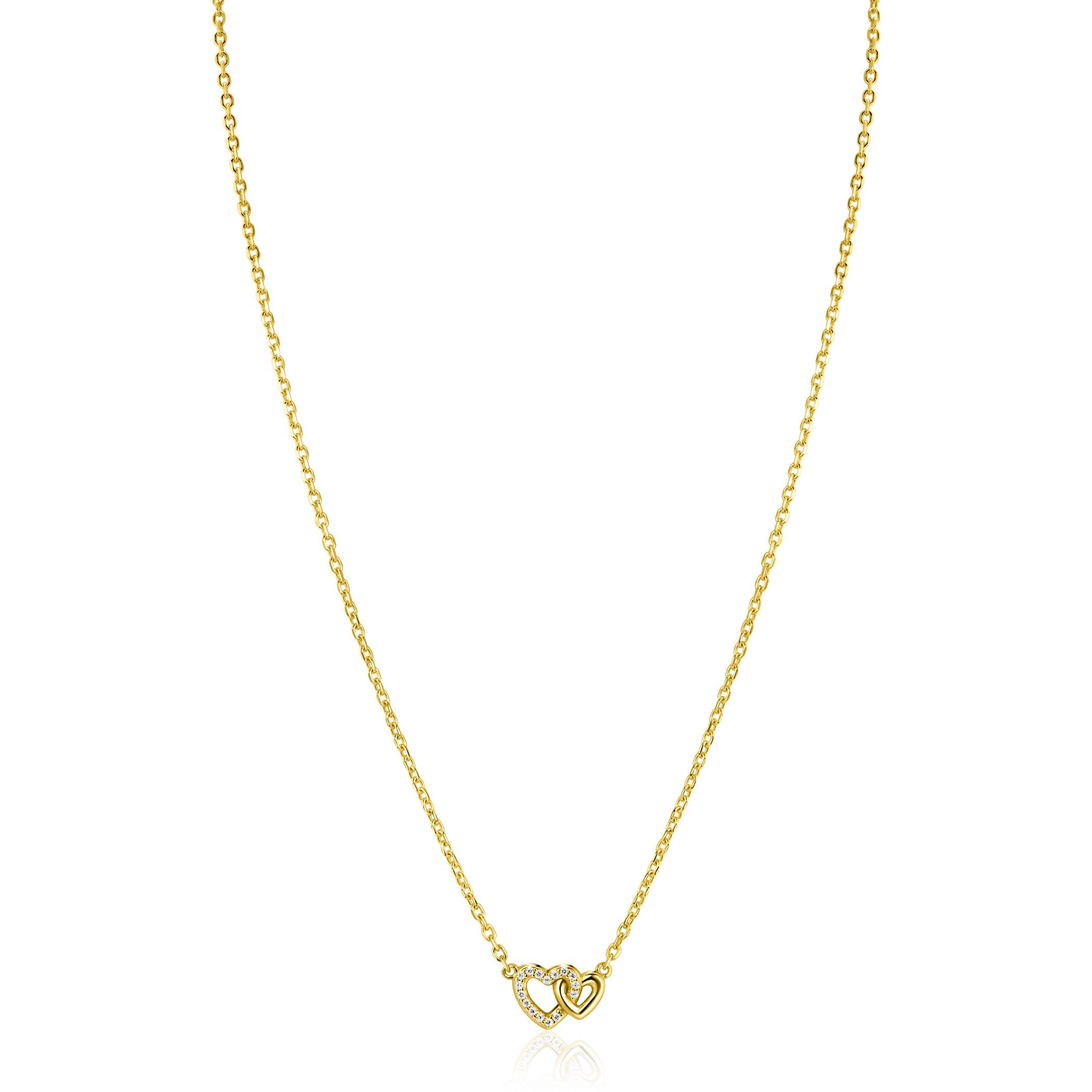ZINZI gold plated zilveren ketting 42–45cm met verbonden hartjes, witte zirkonia's ZIC2493Y