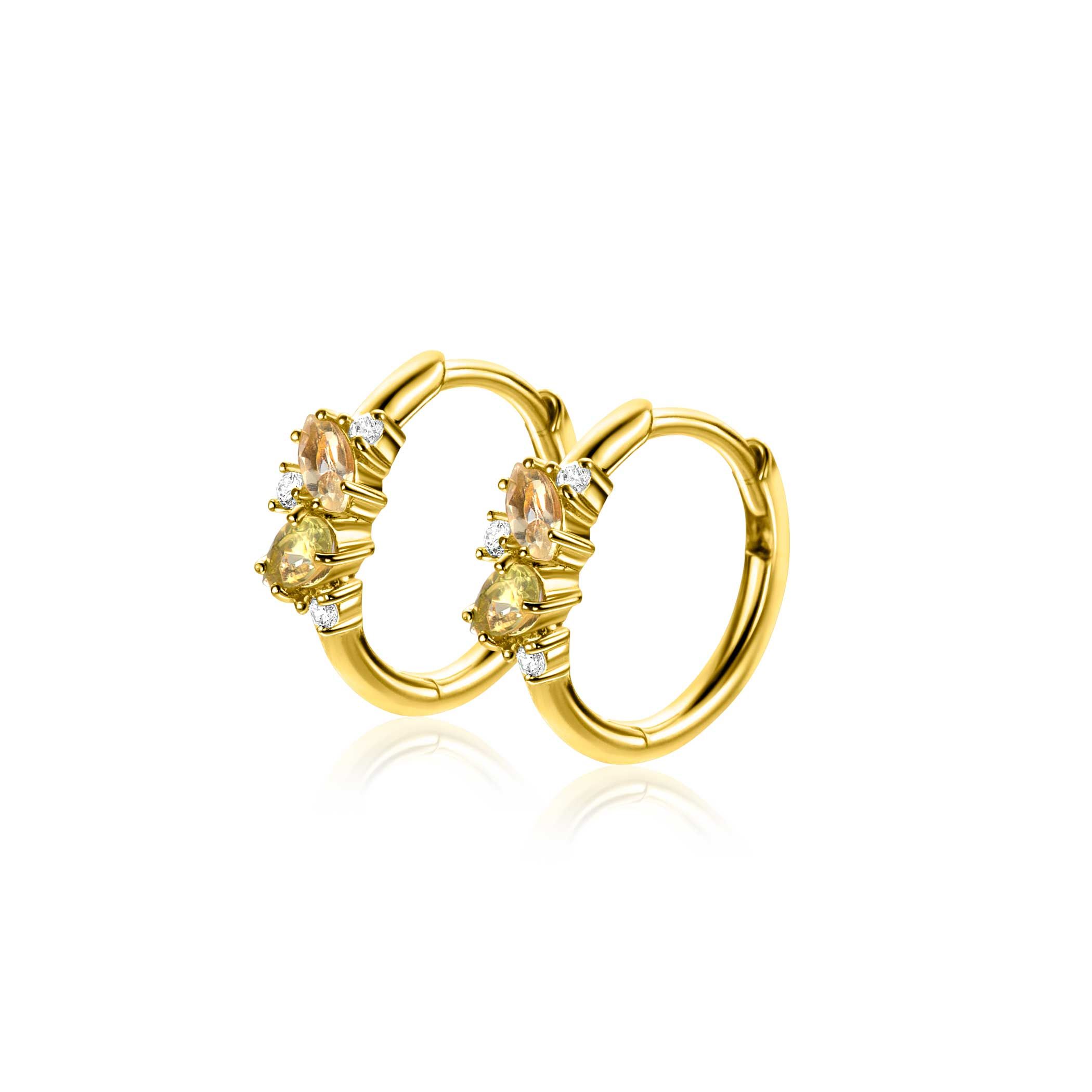 15mm ZINZI gold plated zilveren oorringen bezet met champagne, peridot en witte zirkonia's, met luxe klapsluiting ZIO-BF120