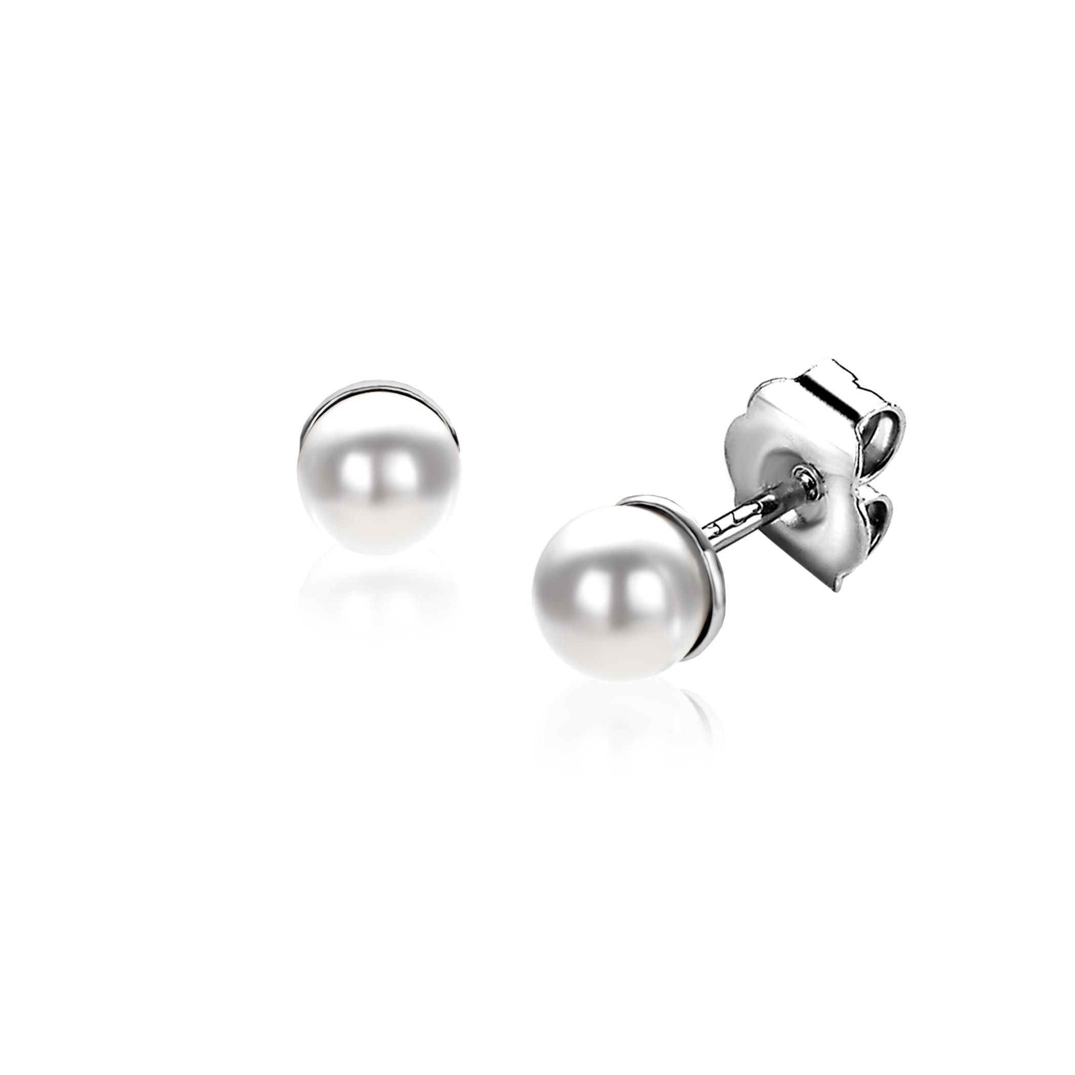 4mm ZINZI zilveren oorknoppen wit parel ZIO1318