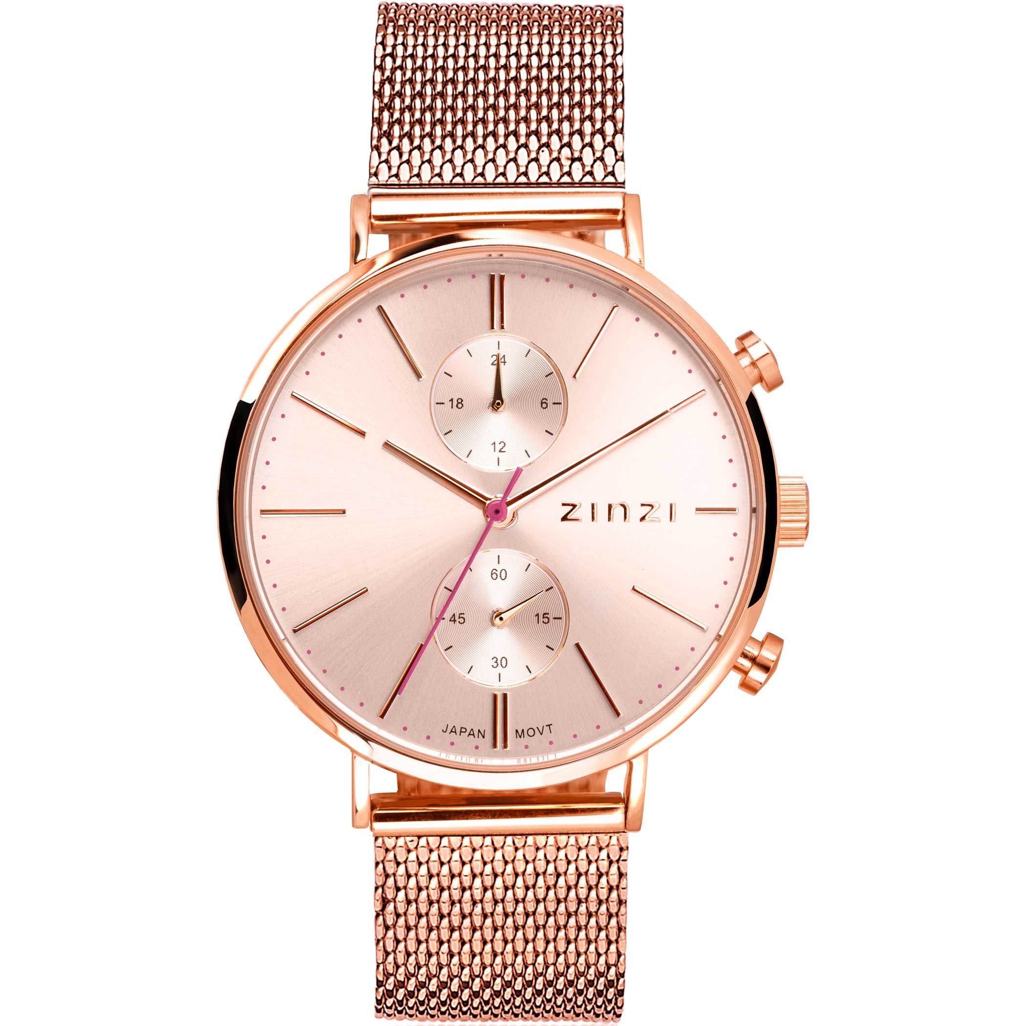ZINZI Traveller horloge roségoudkleurige wijzerplaat en kast stalen mesh band roségoudkleurig 39mm dual time ZIW705M