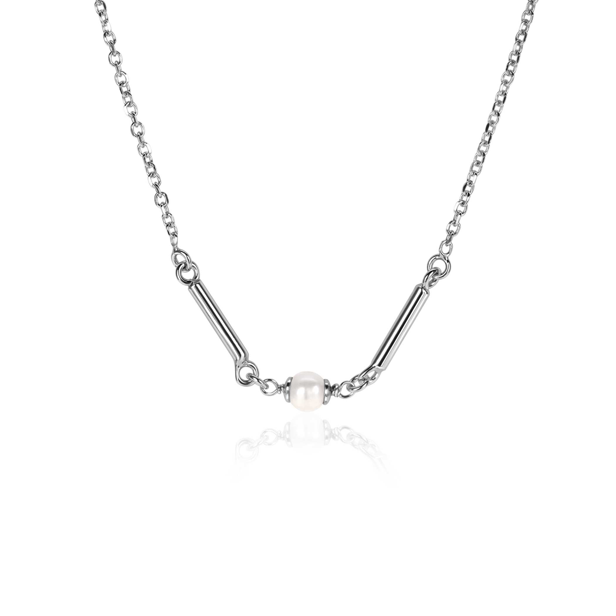 ZINZI zilveren schakel ketting met twee glanzende staafjes en witte zoetwaterparel 42-45cm ZIC-BF108