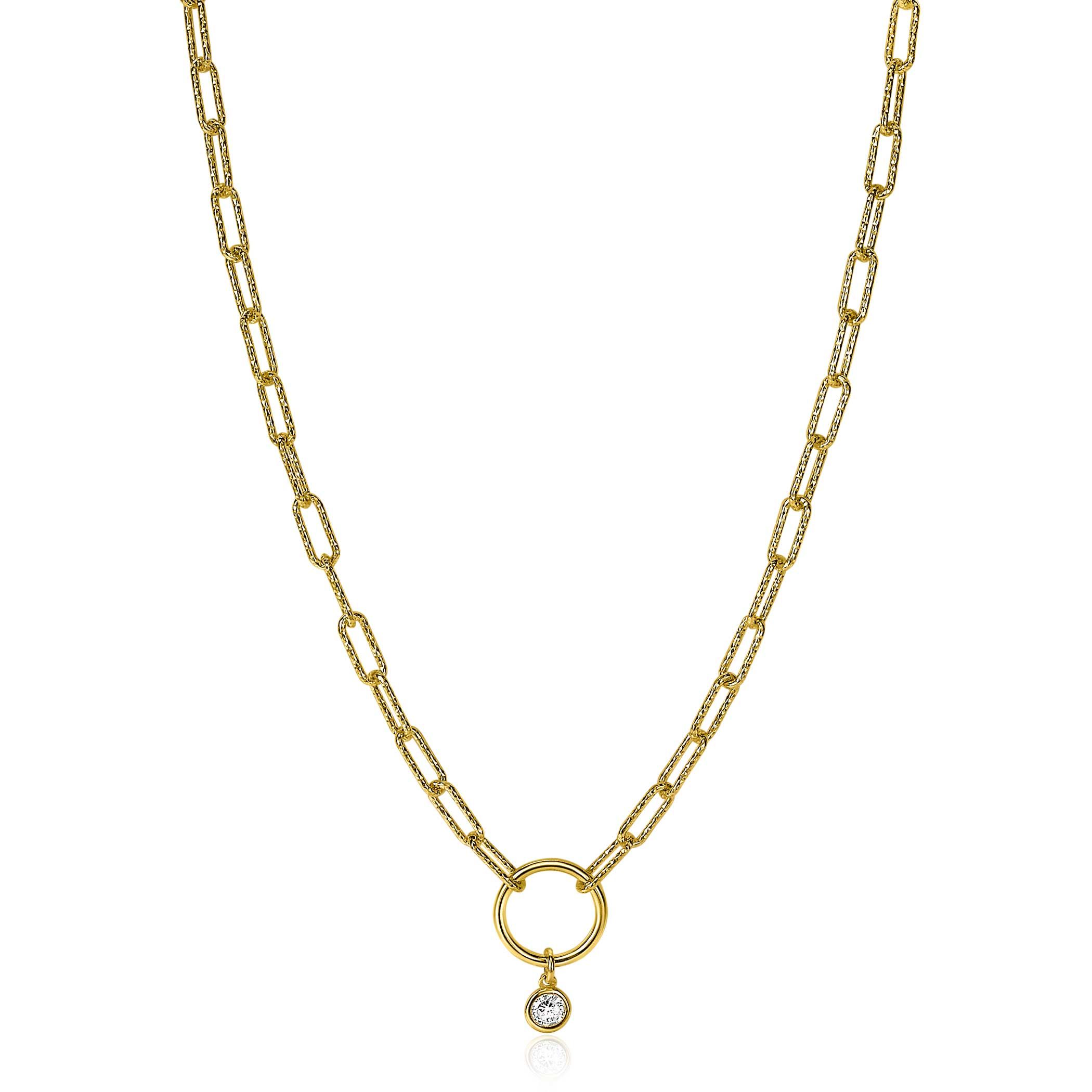 ZINZI zilveren paperclip schakelketting 14K geel verguld 45cm ronde vorm witte zirconia ZIC2200Y