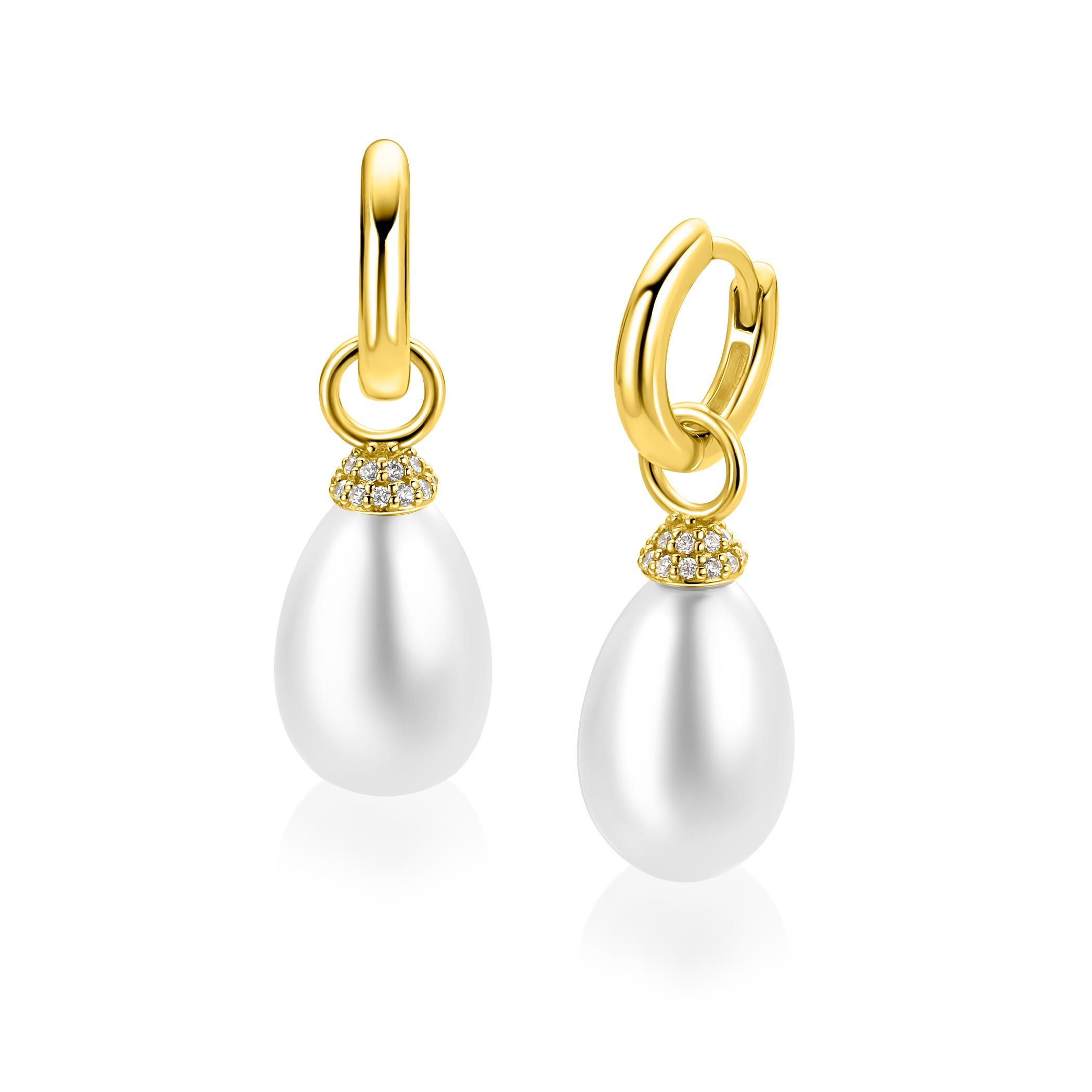 18mm ZINZI goldplated zilveren oorbedels met ovaalvormige witte parel en pavé gezette top met witte zirkonia’s ZICH2822Y (zonder oorringen)
