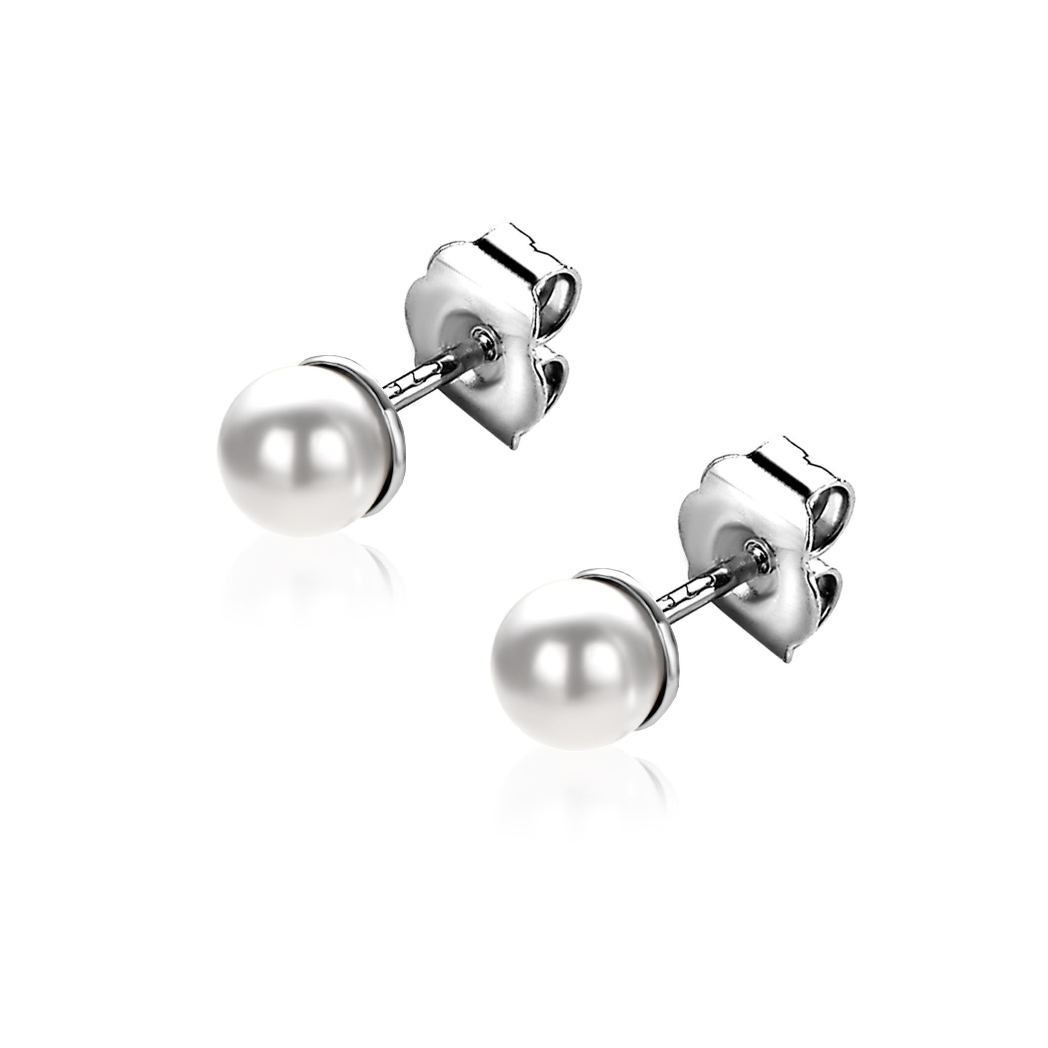 4mm ZINZI zilveren oorknoppen wit parel ZIO1318