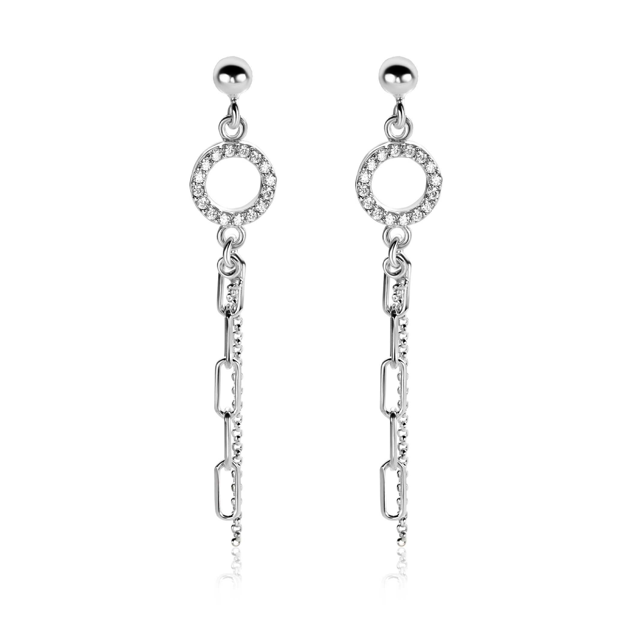 46mm ZINZI zilveren oorstekers met bungelende paperclip en gourmet schakels, bevestigd aan een open rondje bezet met witte zirconia's ZIO2464